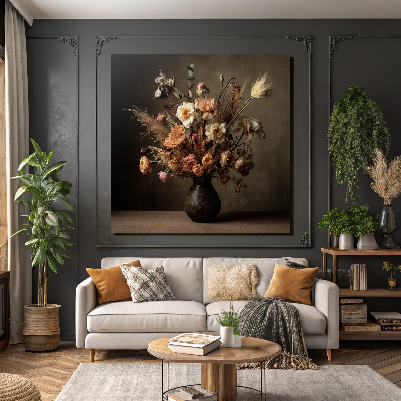 Trocken Retro Flowers Getrocknete Kranz Im Dunklen Vase Mit Warmem Hintergrund
