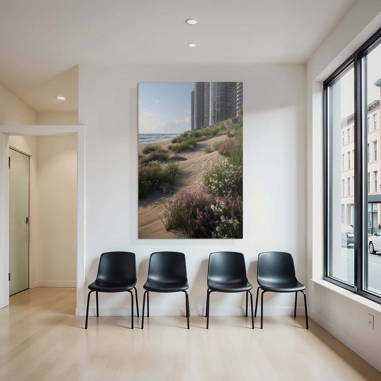 Strandszene Mit Modernen Gebaeuden Und Blumen | Duenen und Heide | Landschaften