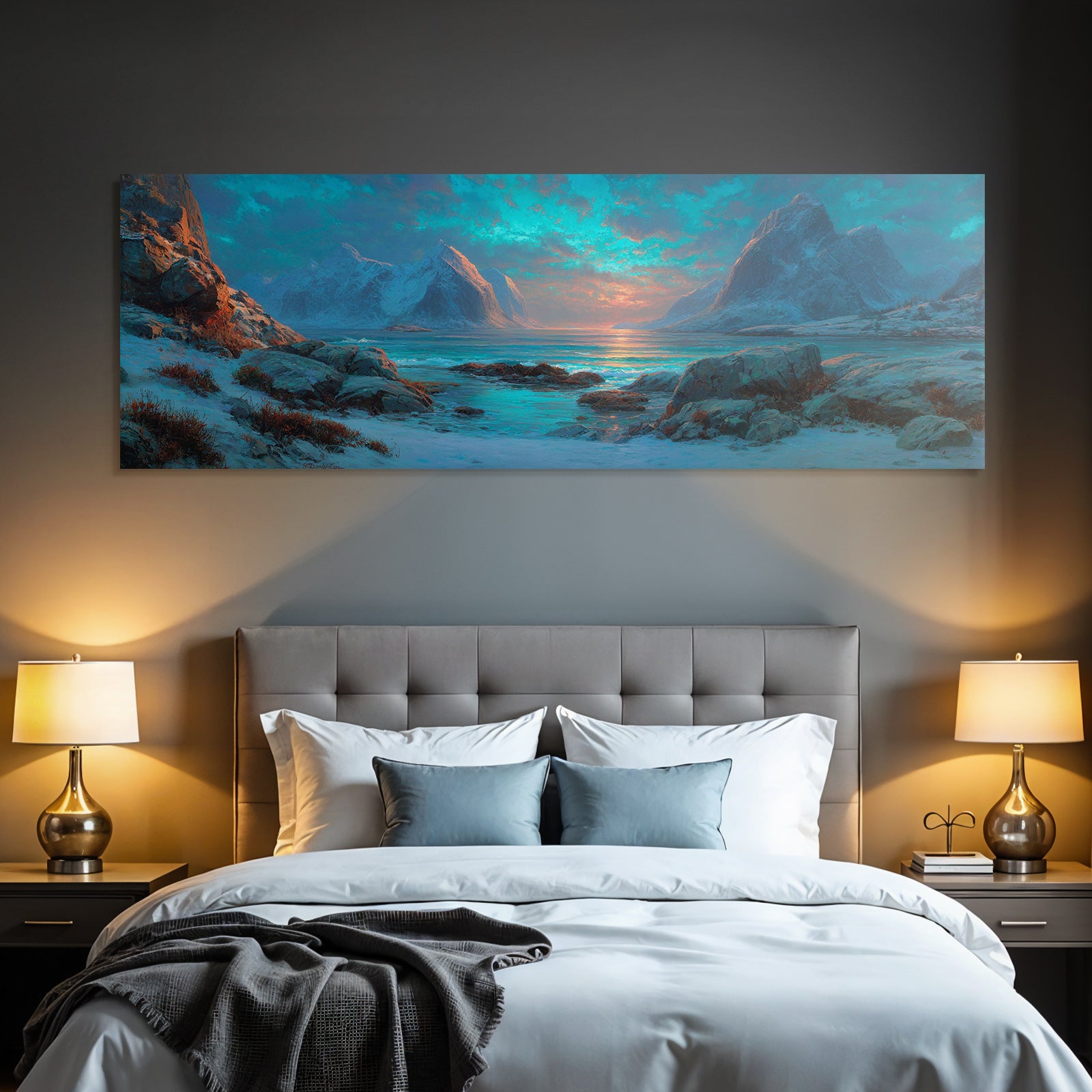 Polarlicht Gebirgslandschaft Mit Wasser Und Farbigem Himmel Sonnenaufgang Sonnenuntergang | Fjorde und Gletscher | Landschaften