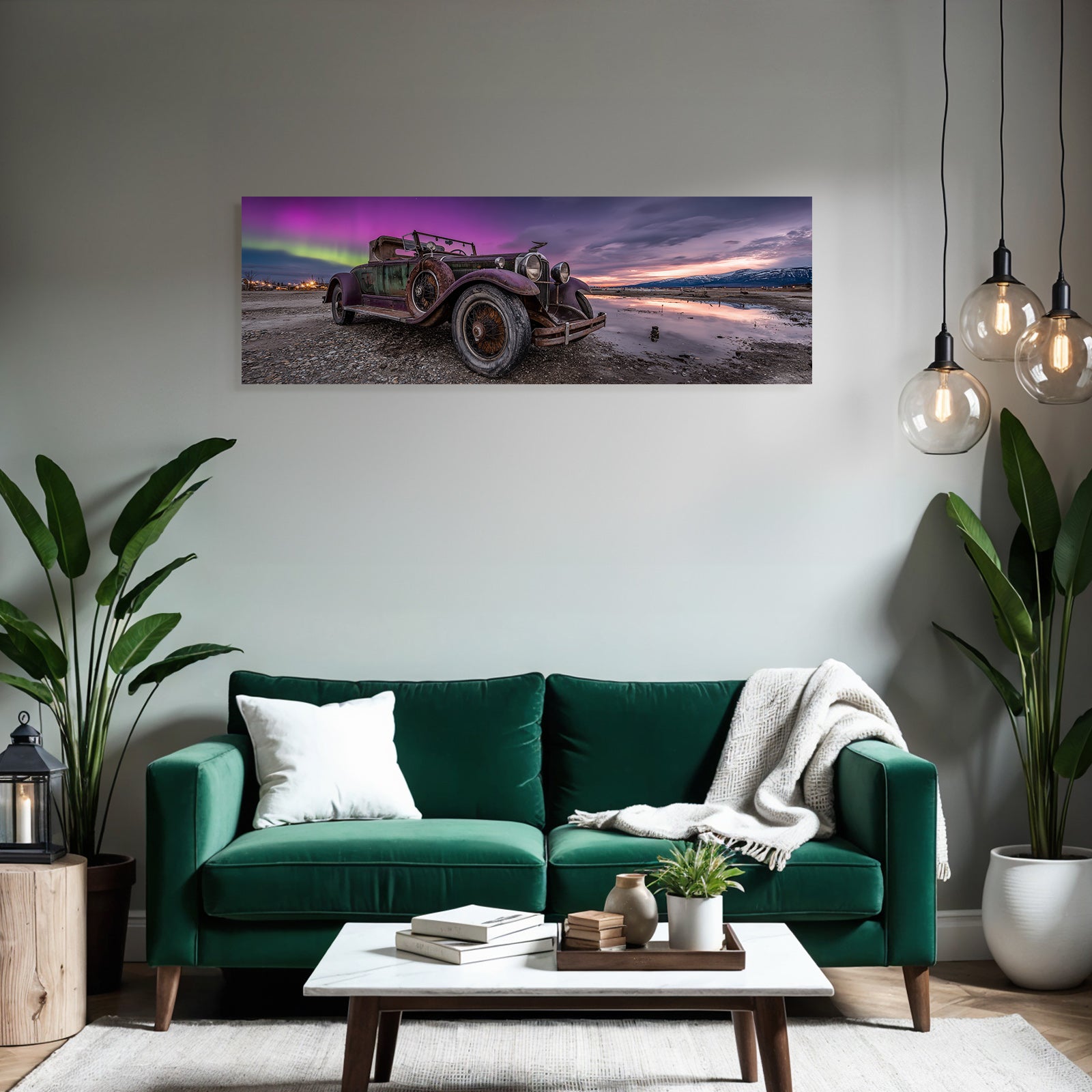 Polarlicht Alte Vintage Auto Und Aurora Borealis Im Landschaftsbild | Fjorde und Gletscher | Landschaften