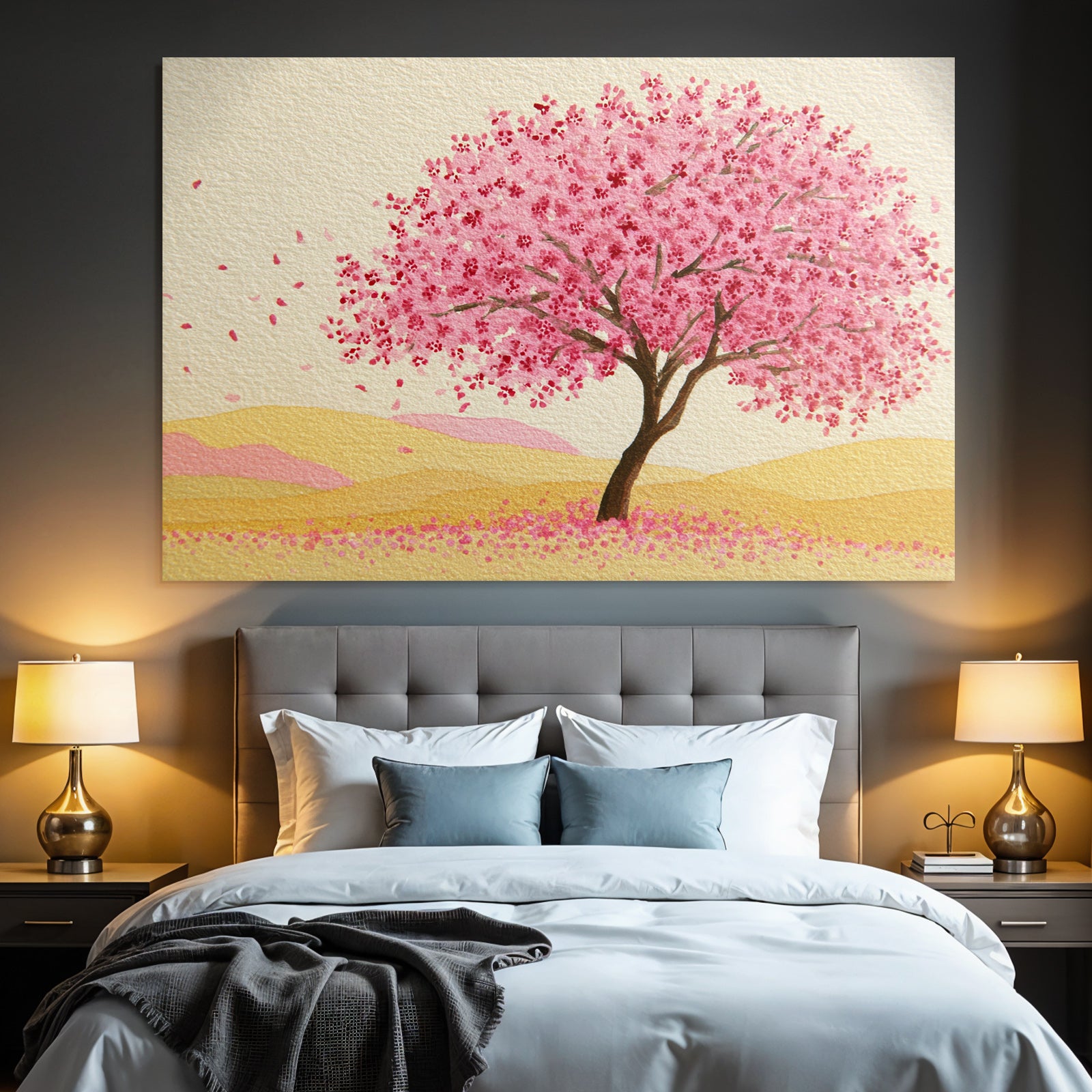 Frühlingslandschaft Mit Rosa Blühendem Baum Und Sanften Hügeln
