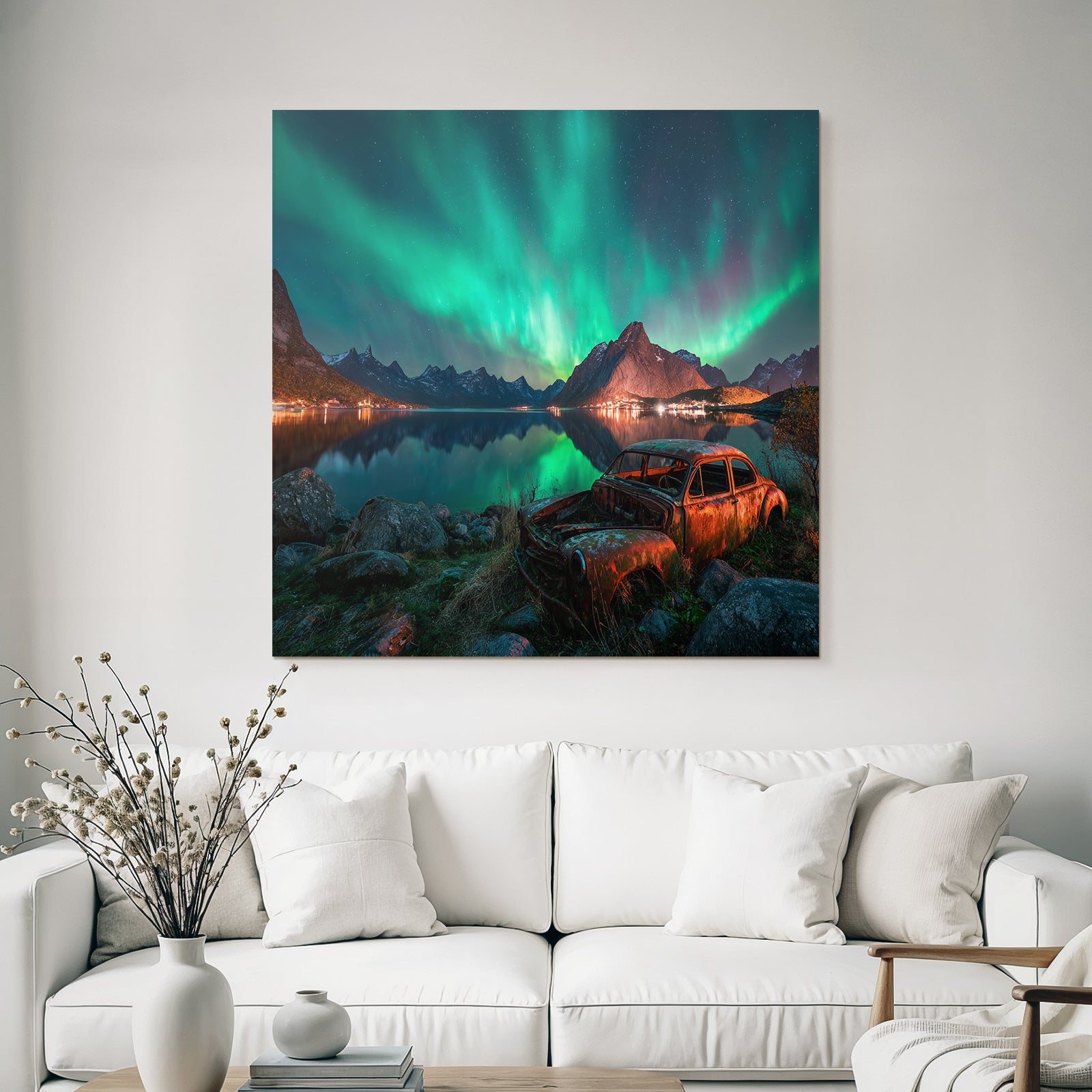 Polarlicht Nordlichter Und Rustiges Auto Am See Mit Bergen Im Hintergrund | Fjorde und Gletscher | Landschaften