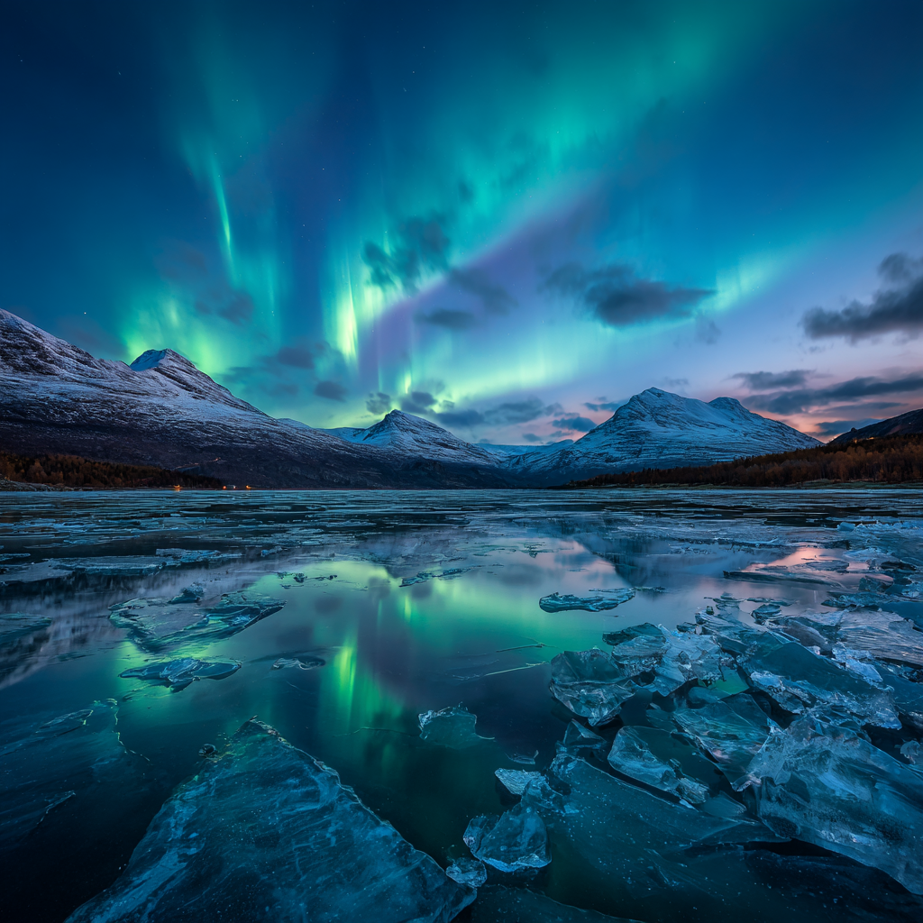 Polarlicht Nordlichter Auf Einem Gefrorenen See Mit Schneebedeckten Bergen | Fjorde und Gletscher | Landschaften