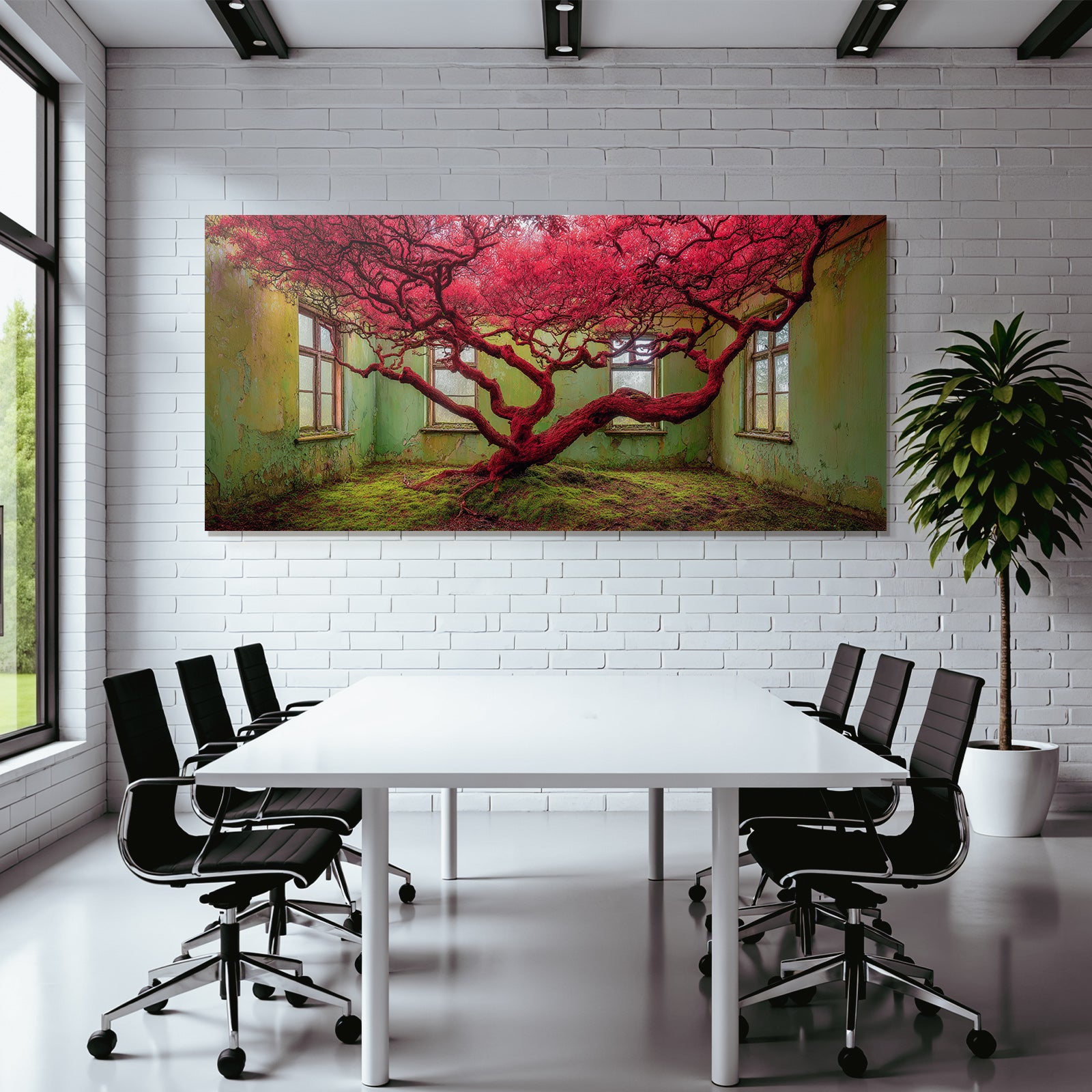 Rote Baum In Verfallener Raum Mit Grünen Wädern Und Moos Bedecktem Boden | Lost Places | Architektur