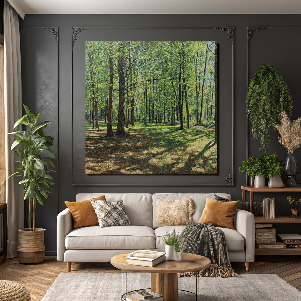 Lush Forest Scene Mit Tall Baeume Und Dappled Sonne Light | Duenen und Heide | Landschaften