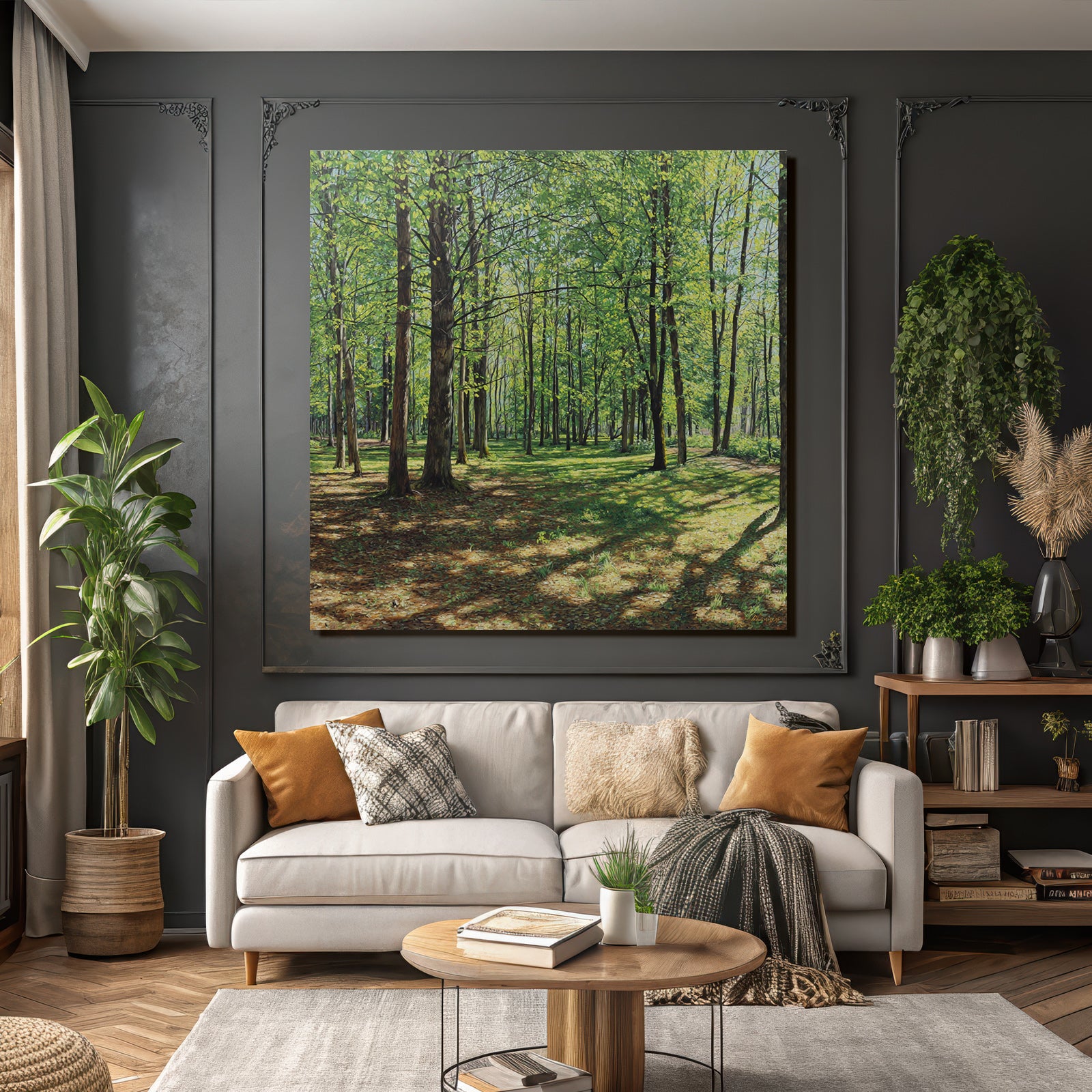 Lush Forest Scene Mit Tall Baeume Und Dappled Sonne Light | Duenen und Heide | Landschaften