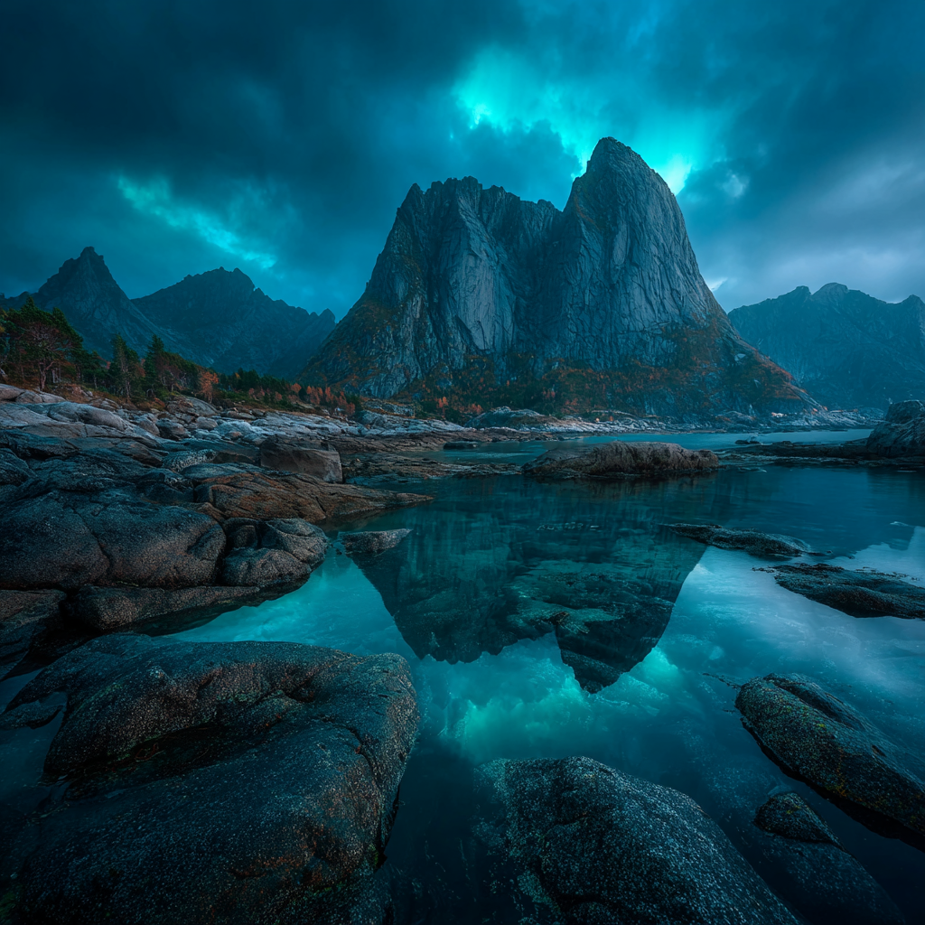 Polarlicht Dramatische Landlandschaft Mit Bergen Reflection Twilight Stimmung | Fjorde und Gletscher | Landschaften
