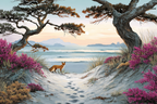 Szenenlandschaft Mit Strand Und Fox Unter Bergen Und Blumen | Duenen und Heide | Landschaften