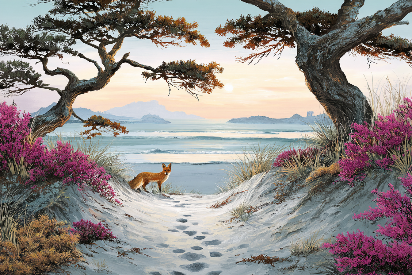 Szenenlandschaft Mit Strand Und Fox Unter Bergen Und Blumen | Duenen und Heide | Landschaften
