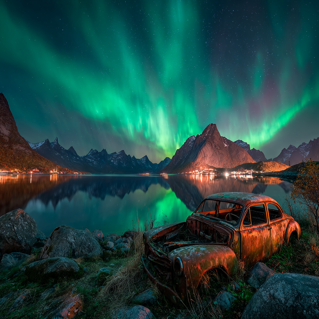 Polarlicht Nordlichter Und Rustiges Auto Am See Mit Bergen Im Hintergrund | Fjorde und Gletscher | Landschaften
