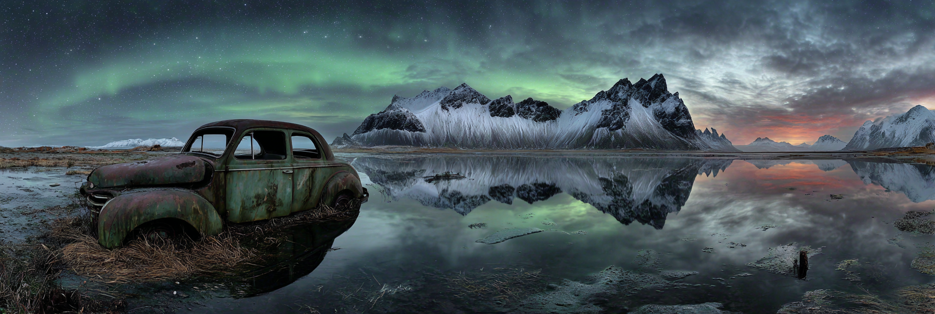 Polarlicht Rustiges Auto Im Wasser Mit Schneebedeckten Bergen Und Aurora Borealis | Fjorde und Gletscher | Landschaften