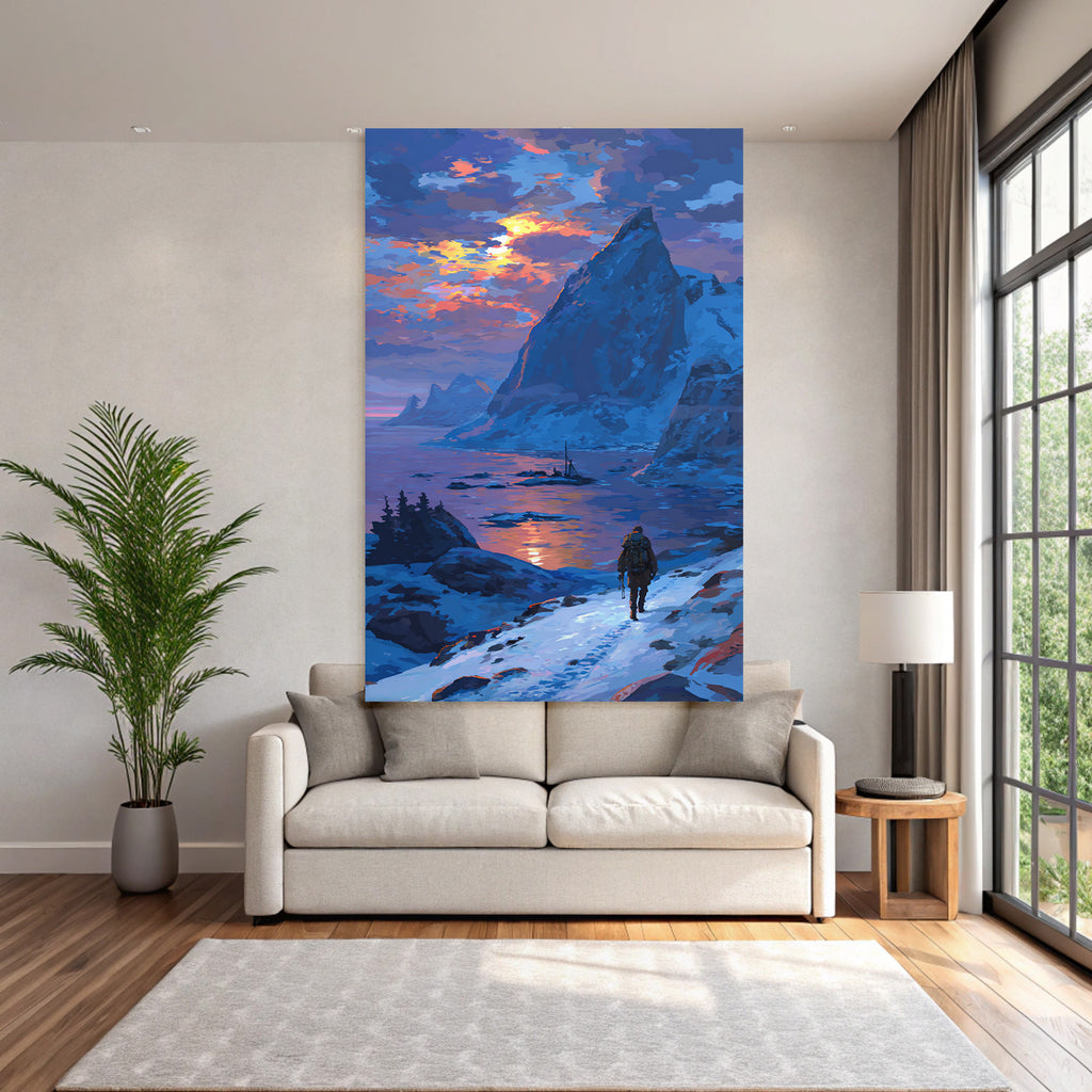 Polarlicht Schneepfad Im Sonnenaufgang Mit Berglandschaft Und Wasser | Fjorde und Gletscher | Landschaften
