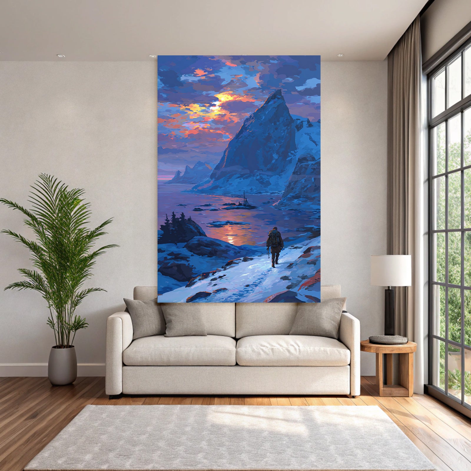 Polarlicht Schneepfad Im Sonnenaufgang Mit Berglandschaft Und Wasser | Fjorde und Gletscher | Landschaften