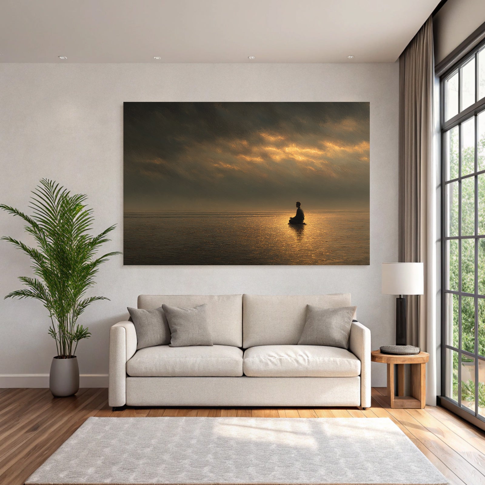Yoga Meditation Meditierende Figur Auf Reflektierender Oberfläche Unter Dramatischem Himmel | Yoga und Meditation | Themen und Hobbys