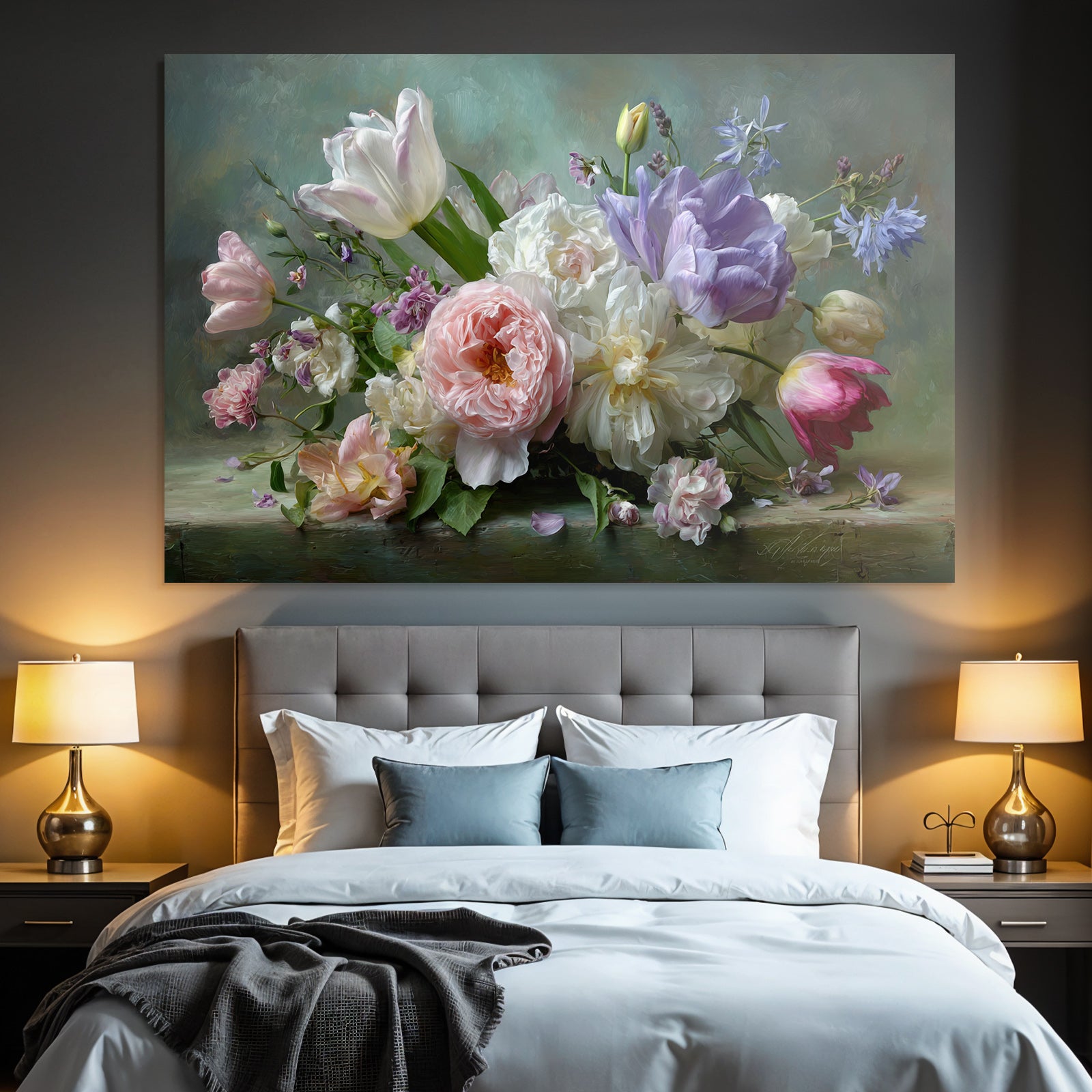 Lebhafter Strauss Mit Pfingstrosen Und Tulpen