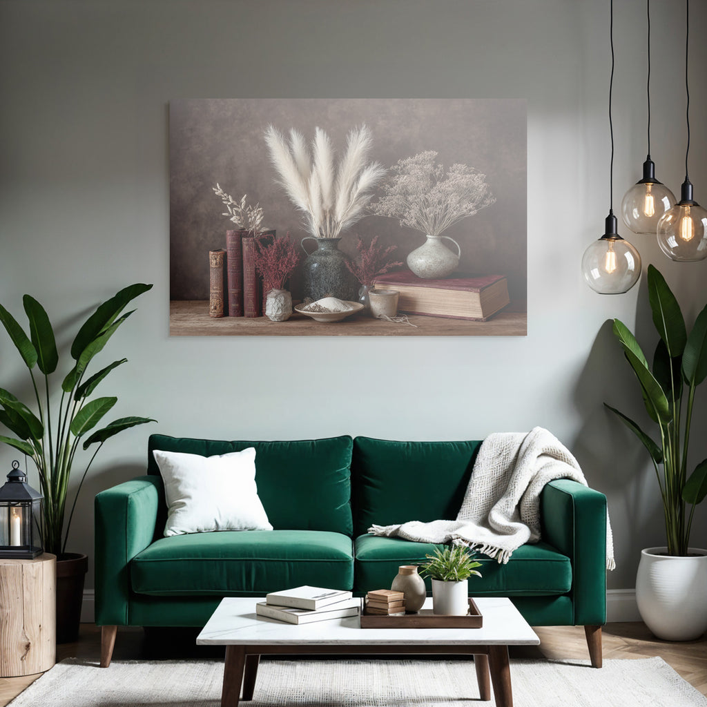 Trocken Retro Flowers Schone Still Leben Mit Alten Büchern Keramischen Vasen Dried Plants