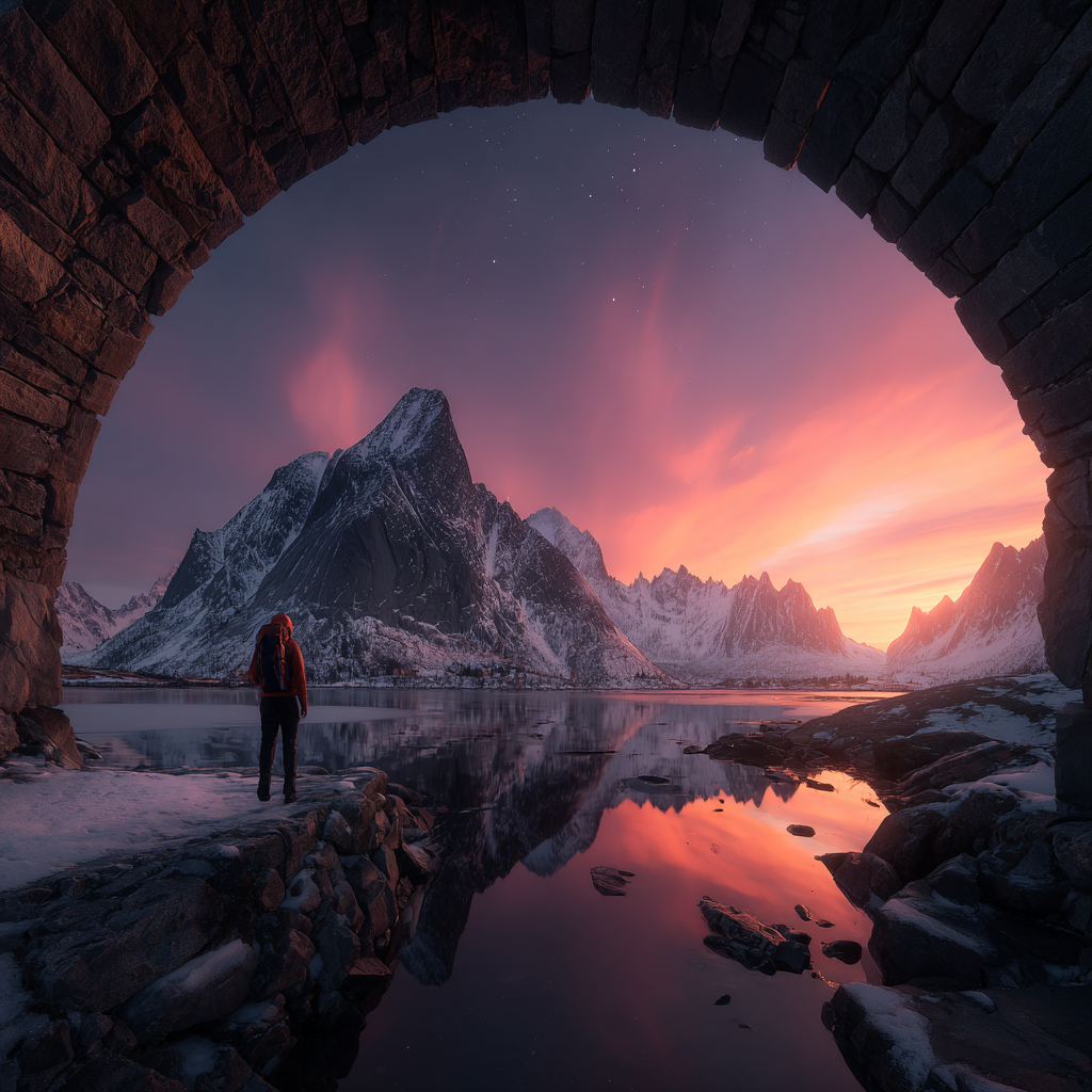 Polarlicht Breathtaking Landschaft Mit Person Und Steinbogen Am Gebirgespiegelung Bei Sonnenaufgang | Fjorde und Gletscher | Landschaften