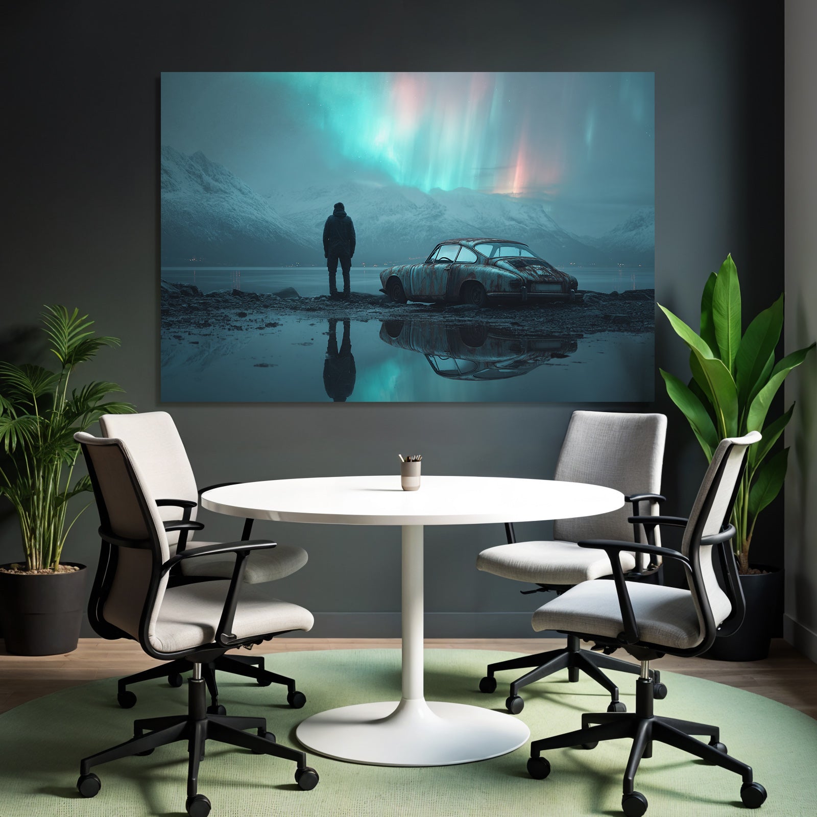 Polarlicht Ruhige Landschaft Aurora Borealis Auto Am Wasser | Fjorde und Gletscher | Landschaften