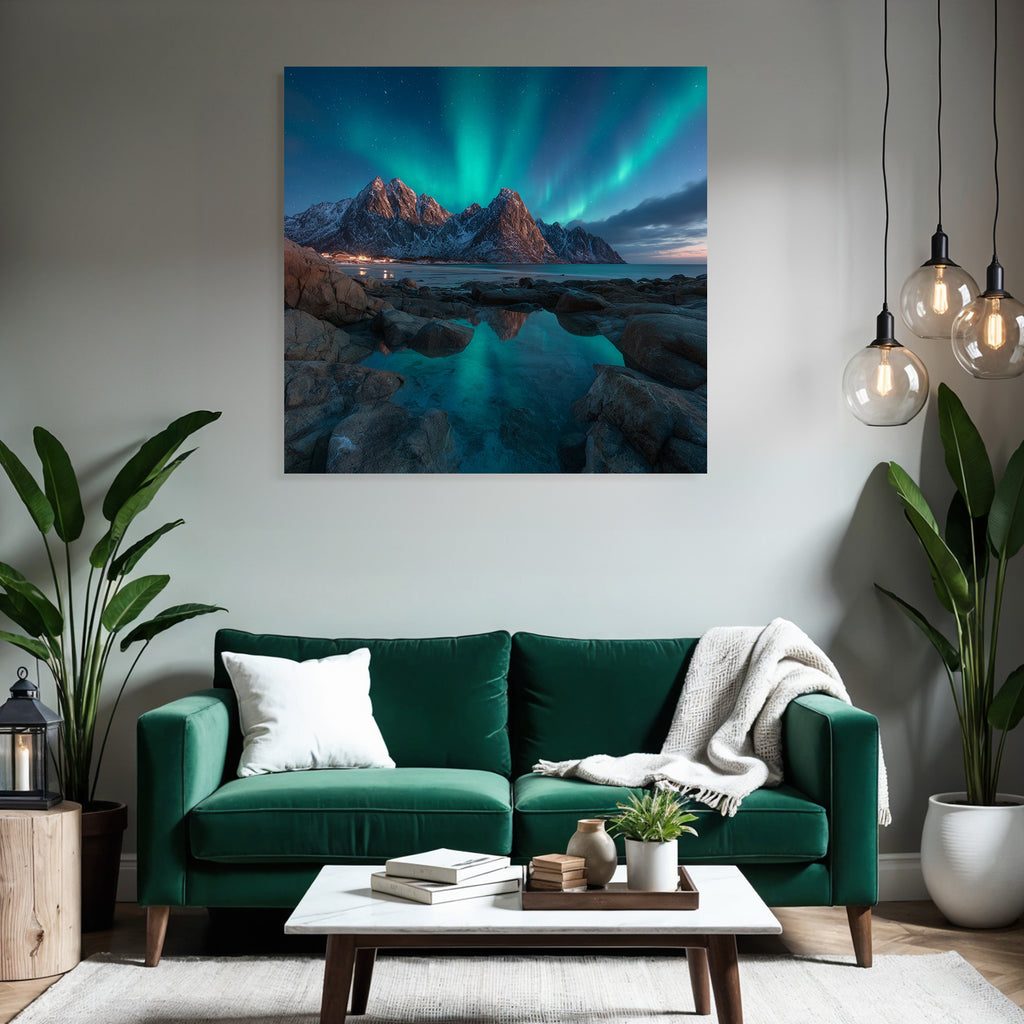 Polarlicht Nordlichter Berggipfel Reflexion Wasser Schnee Landschaft | Fjorde und Gletscher | Landschaften