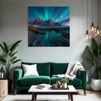 Polarlicht Nordlichter Berggipfel Reflexion Wasser Schnee Landschaft | Fjorde und Gletscher | Landschaften