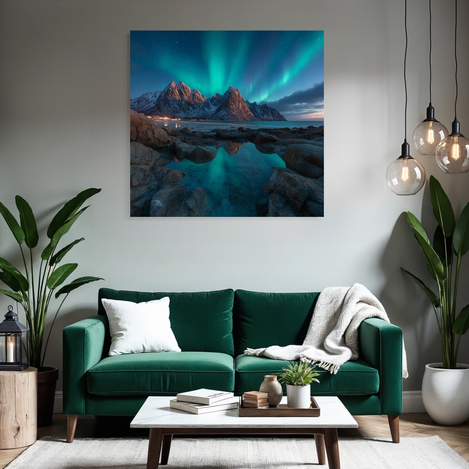 Polarlicht Nordlichter Berggipfel Reflexion Wasser Schnee Landschaft | Fjorde und Gletscher | Landschaften