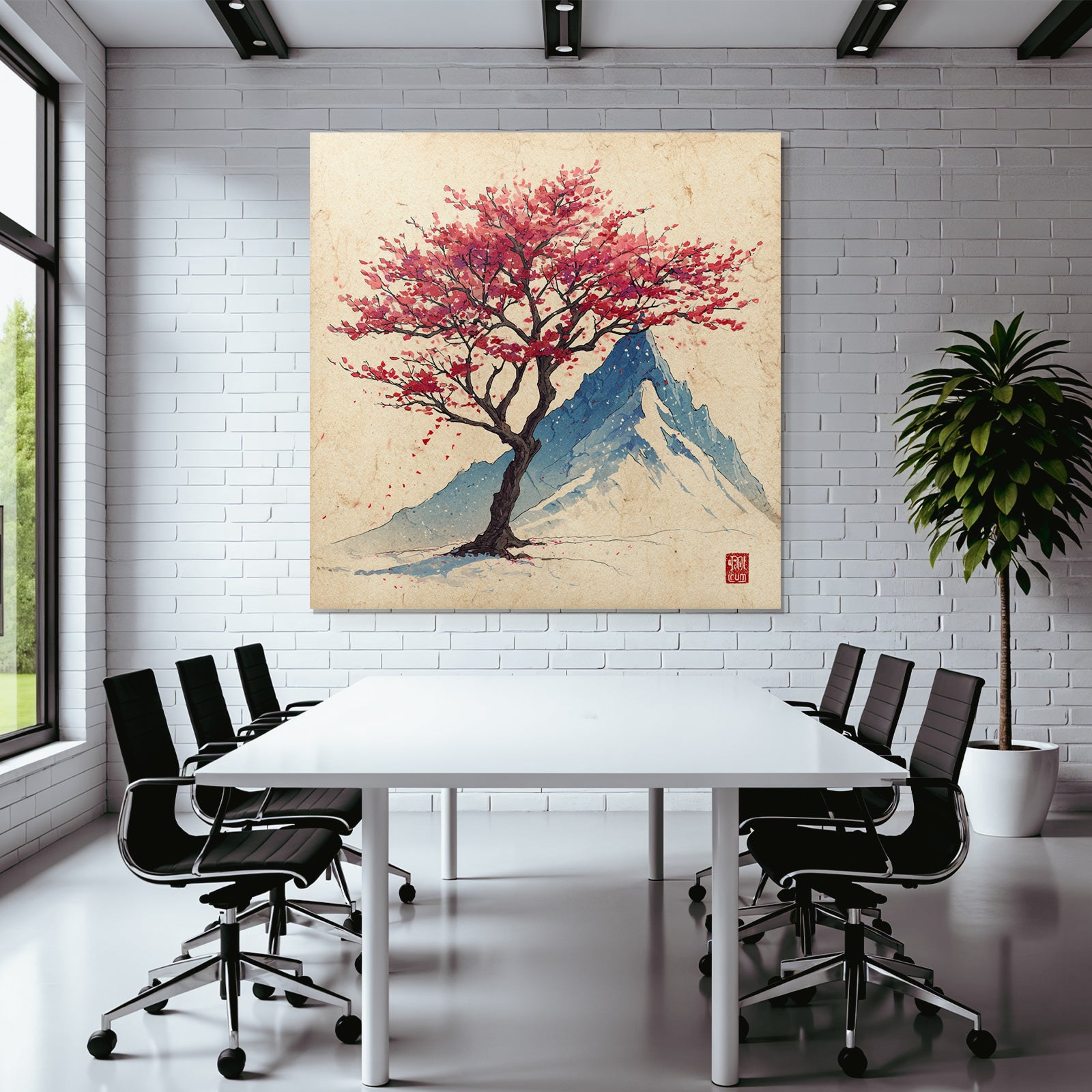 Roter Baum Vor Blaüm Berg Wasserfarben Auf Altem Papier