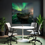 Polarlicht Winterlandschaft Boote Auroraborealis Schneebärgebirge | Fjorde und Gletscher | Landschaften