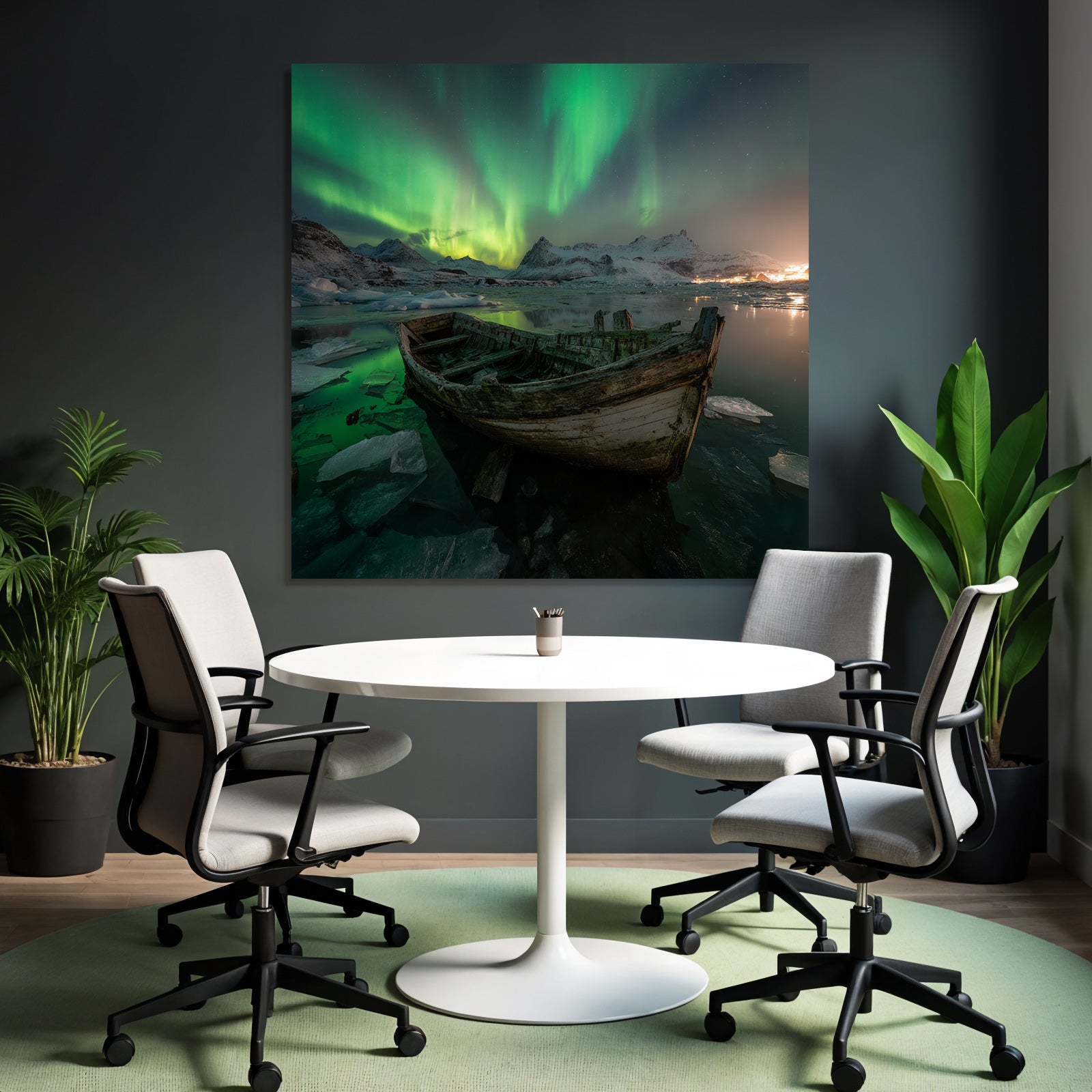 Polarlicht Winterlandschaft Boote Auroraborealis Schneebärgebirge | Fjorde und Gletscher | Landschaften