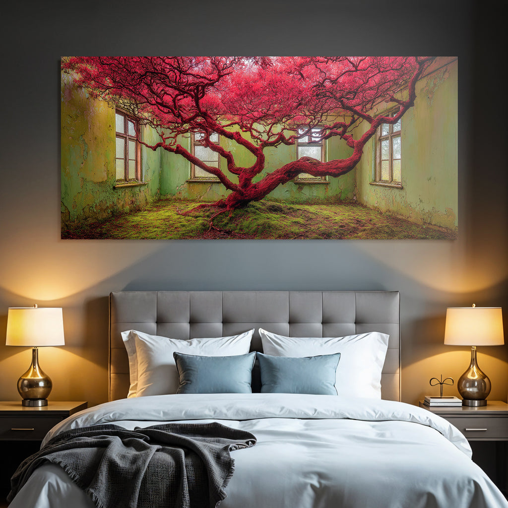 Rote Baum In Verfallener Raum Mit Grünen Wädern Und Moos Bedecktem Boden | Lost Places | Architektur