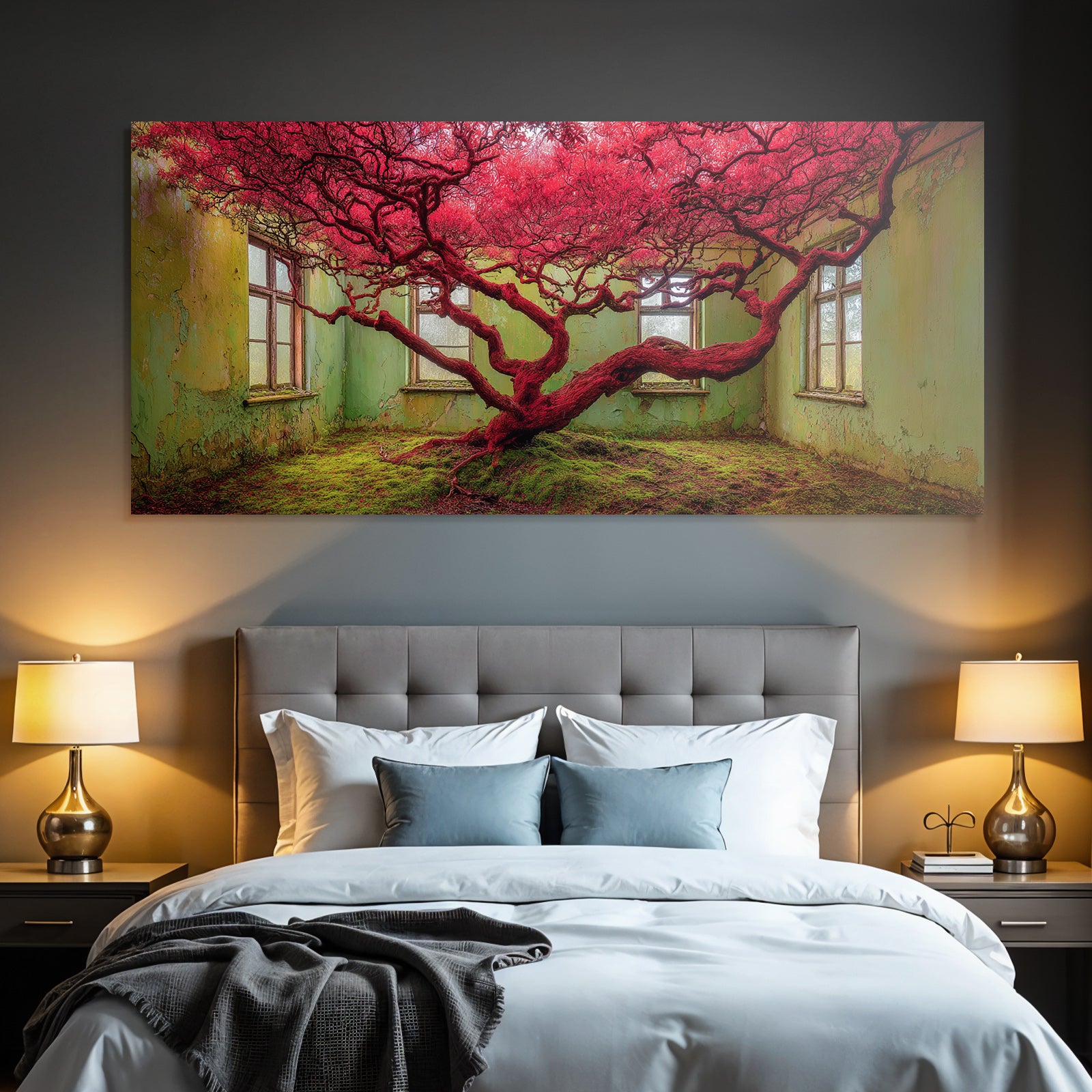 Rote Baum In Verfallener Raum Mit Grünen Wädern Und Moos Bedecktem Boden | Lost Places | Architektur