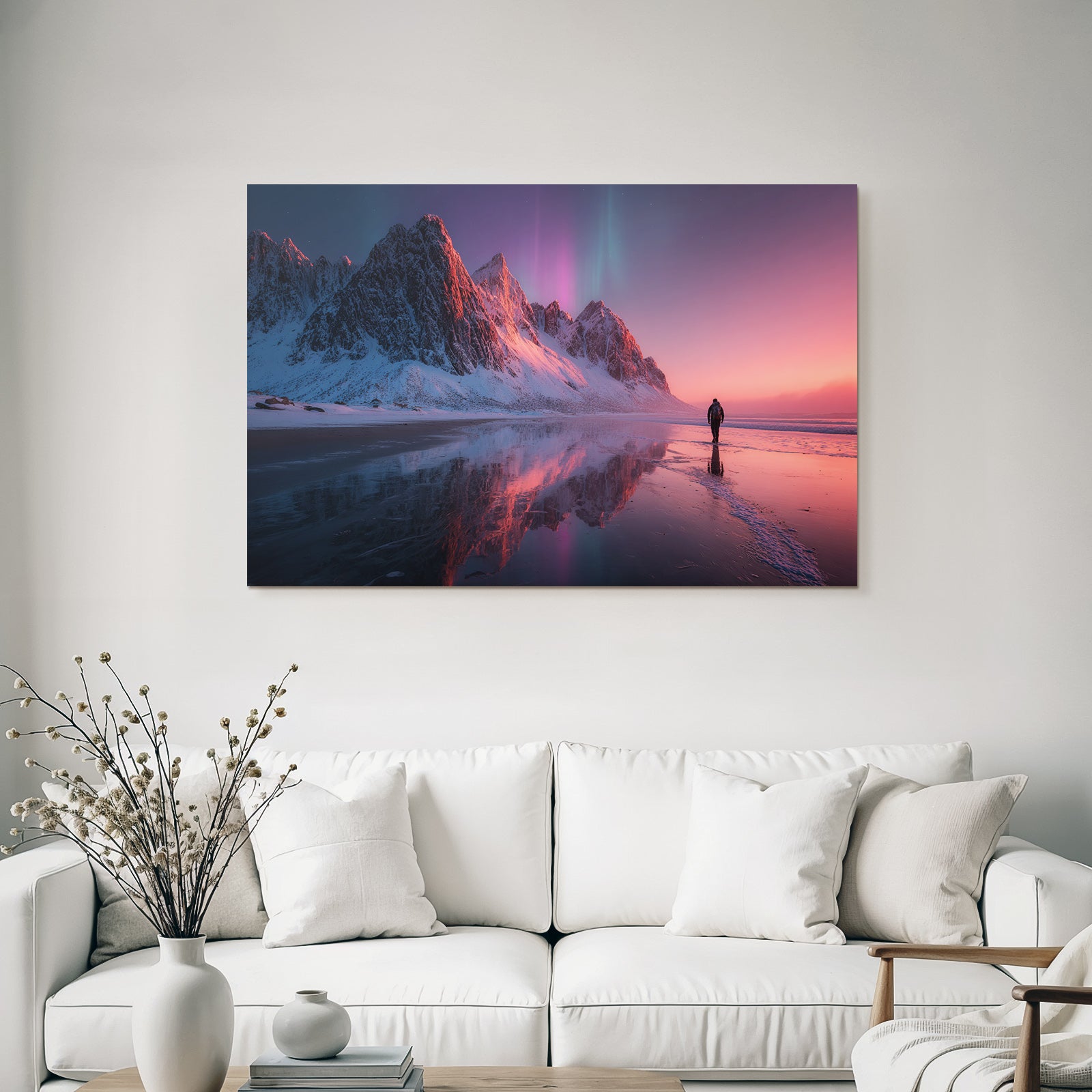 Polarlicht Schneebedeckte Berge Aurora Borealis Reflektierender Strand Pittoreske Szene | Fjorde und Gletscher | Landschaften
