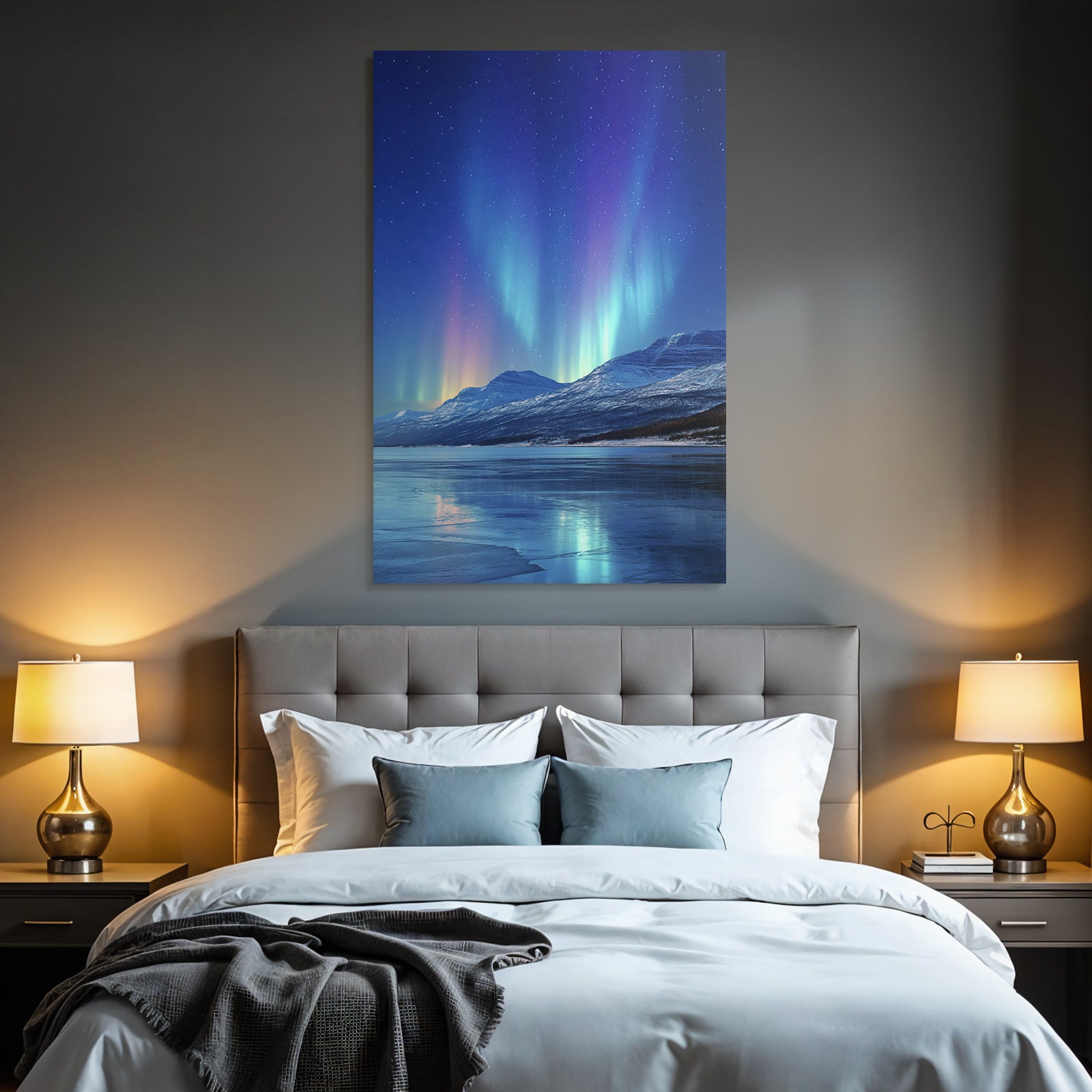Polarlicht Aurora Borealis Nachtlandschaft Schneebedeckte Berge Reflektion Wasser | Fjorde und Gletscher | Landschaften