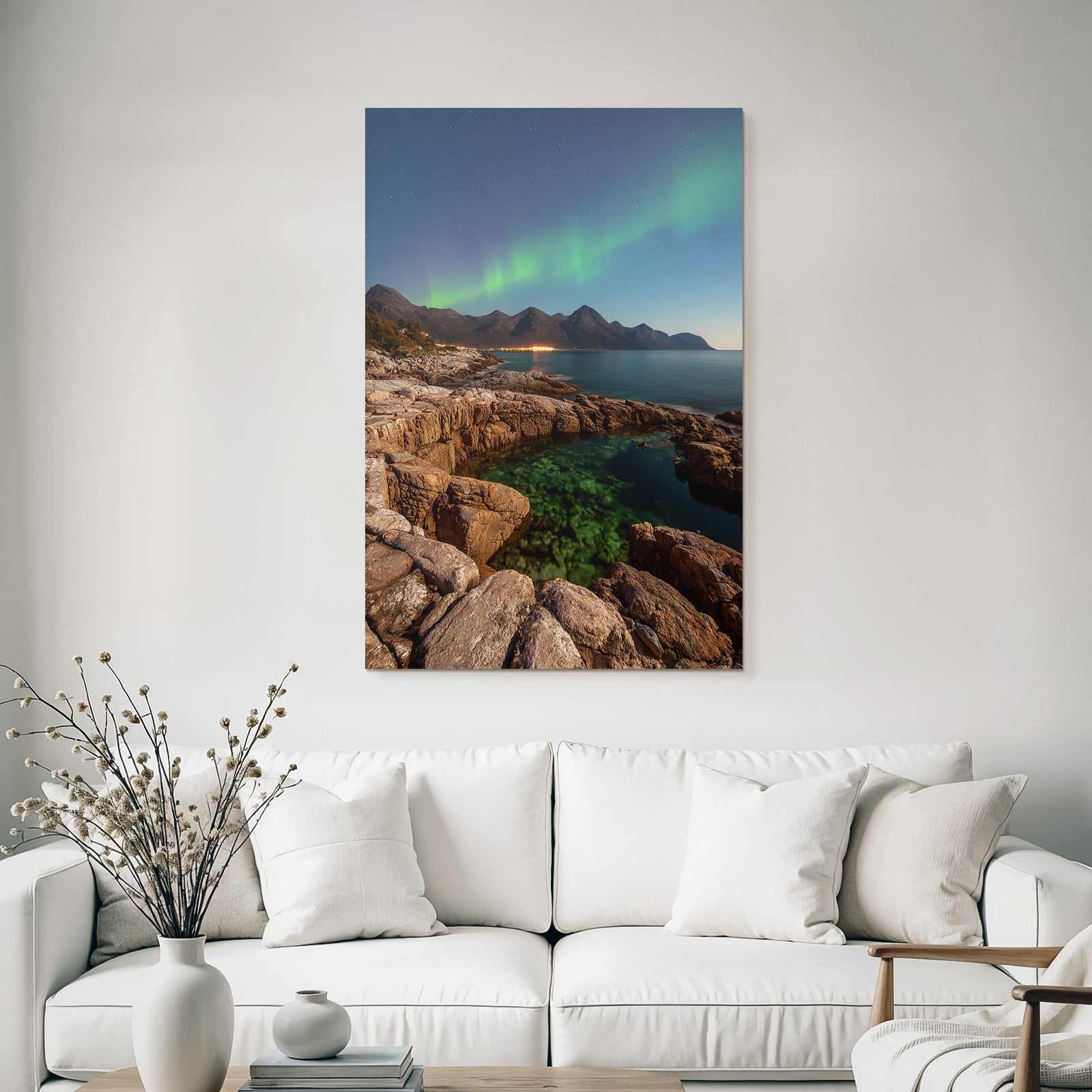 Polarlicht Felsenküste Klare Wasser Und Nordlichter Nachtlandschaft | Fjorde und Gletscher | Landschaften