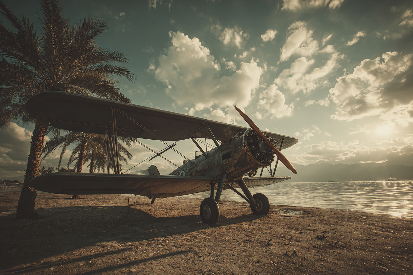 Vintage Biplane Am Wasser Mit Palmen Im Hintergrund Beim Sonnenuntergang | Flugzeuge | Mobilitaet und Technik