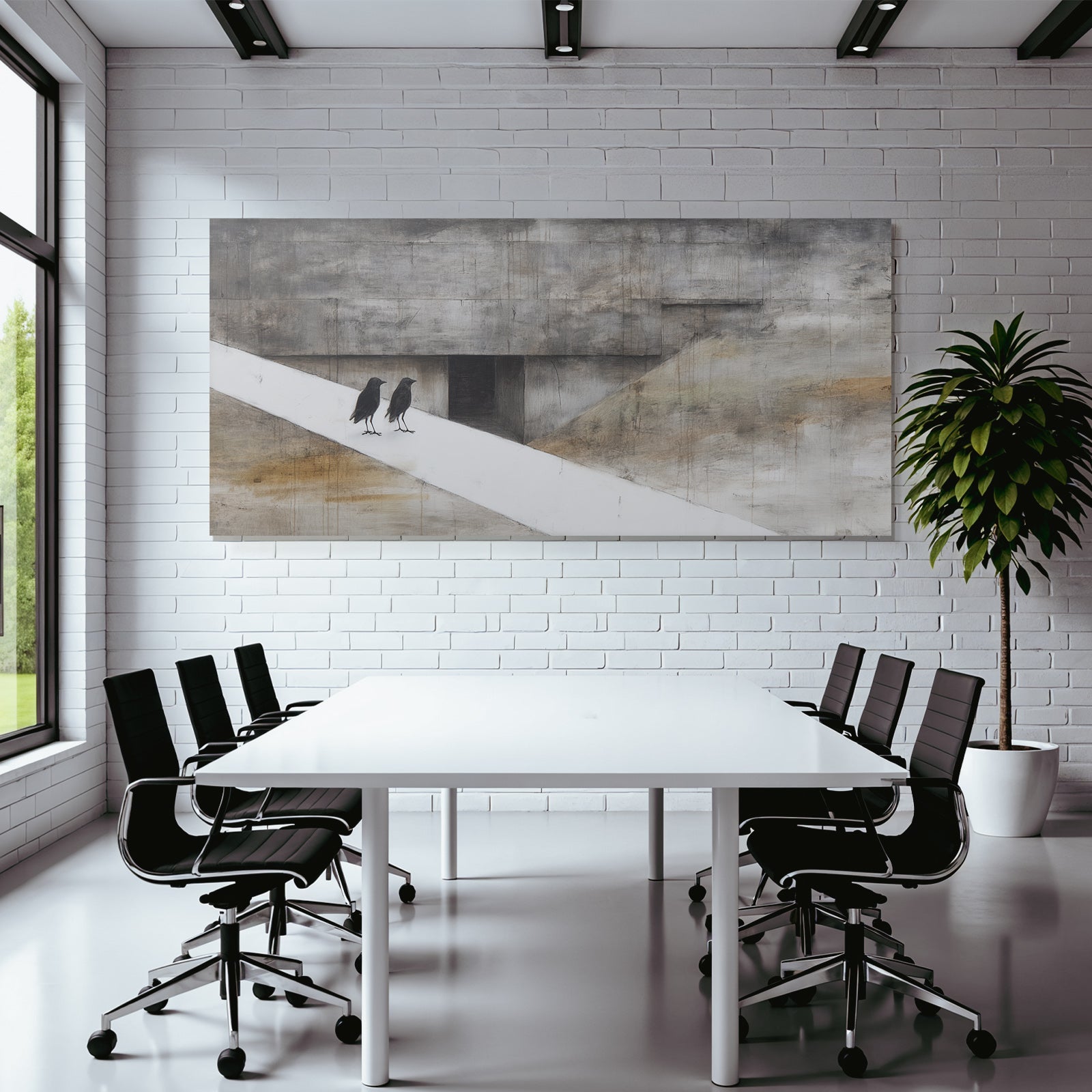 Yoga Meditation Zwei Schwarze Vögel Auf Einem Weissen Pfad Graür Hintergrund Minimalistische Kunst | Yoga und Meditation | Themen und Hobbys