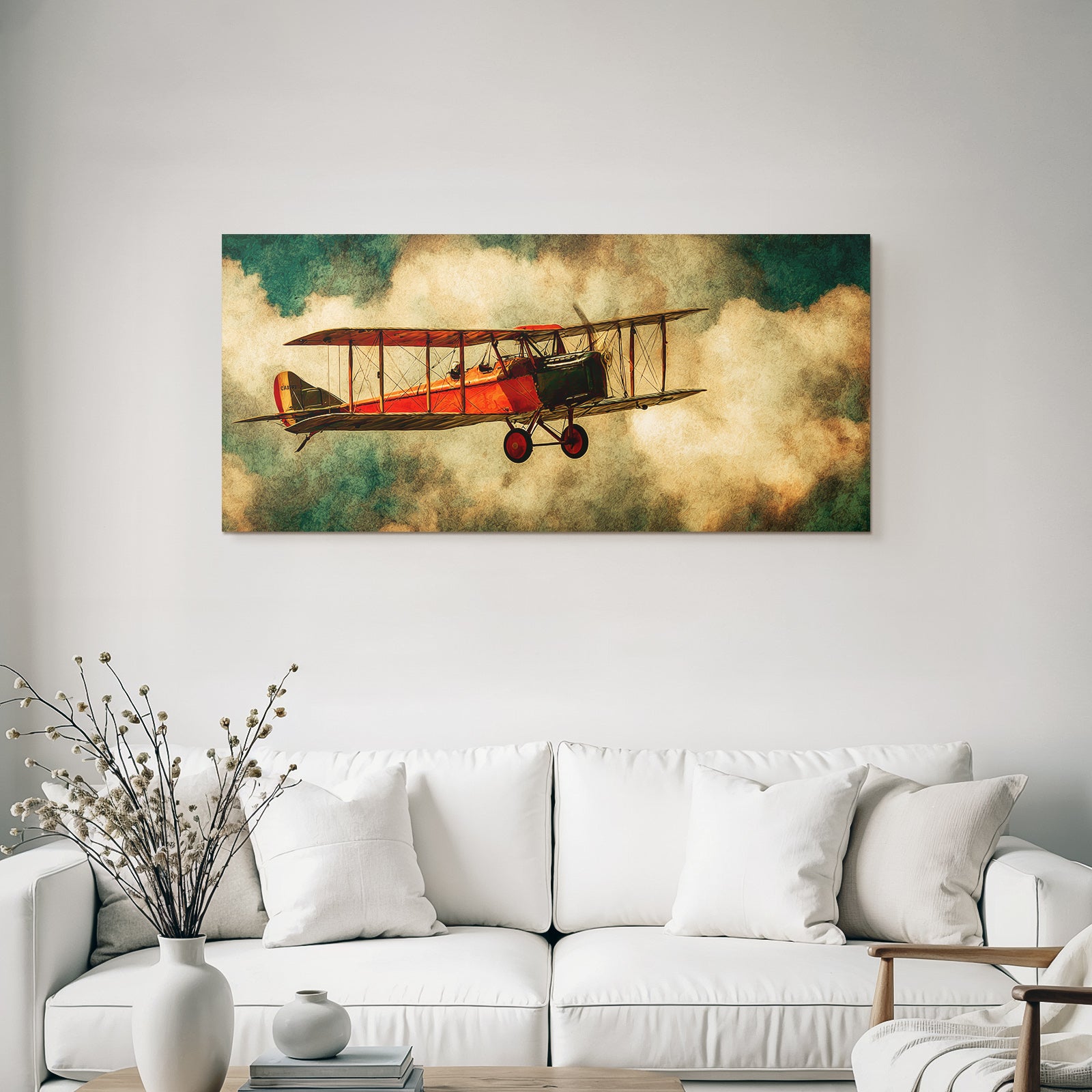 Vintage Biplane Roter Himmel Mit Nebel Kunstwerk | Flugzeuge | Mobilitaet und Technik