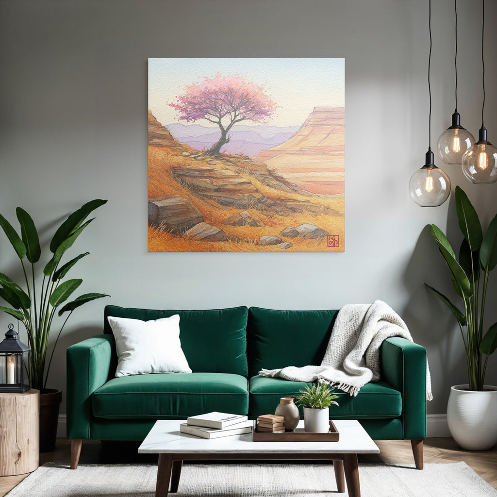 Aquarell Einsamer Baum Mit Rosa Blüten Vor Felsigen Hügeln
