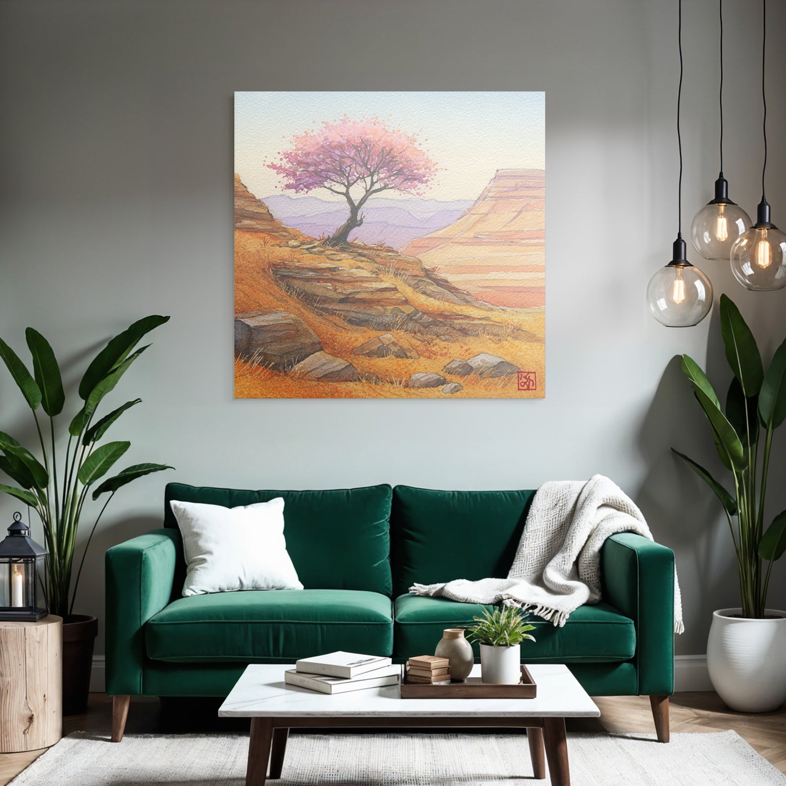 Aquarell Einsamer Baum Mit Rosa Blüten Vor Felsigen Hügeln