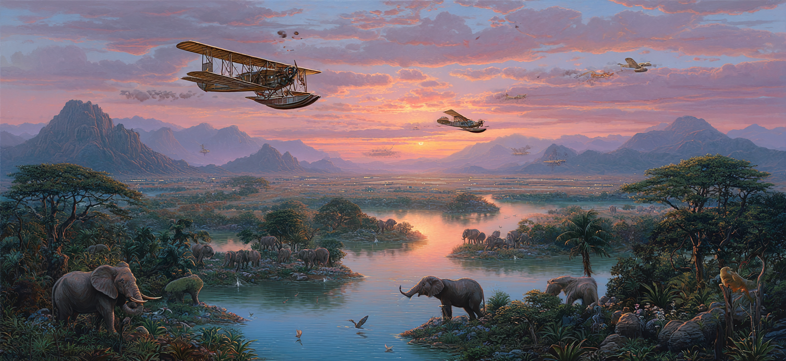 Friedliche Natur Landschaft Elephanten Sonnenuntergang | Flugzeuge | Mobilitaet und Technik