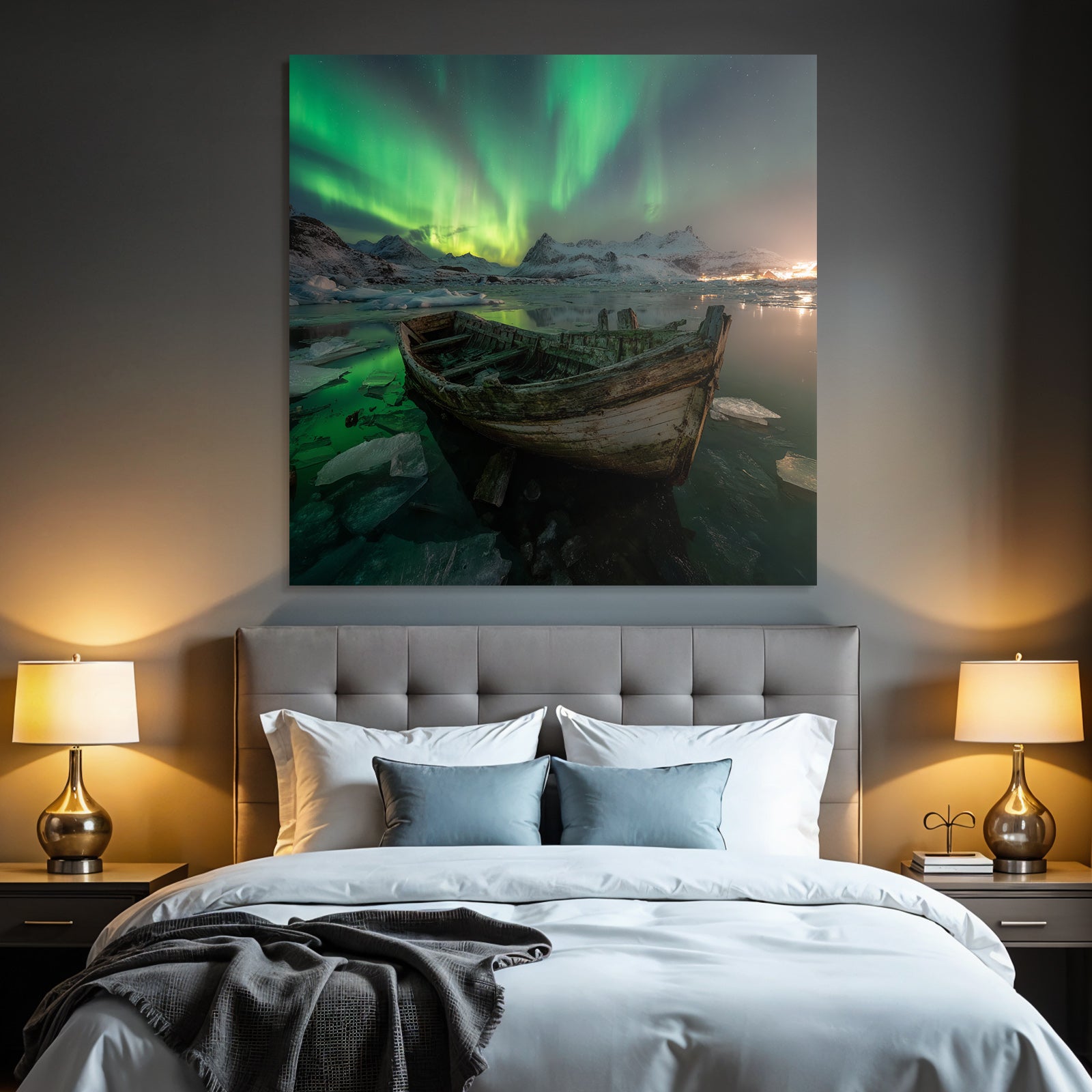 Polarlicht Winterlandschaft Boote Auroraborealis Schneebärgebirge | Fjorde und Gletscher | Landschaften