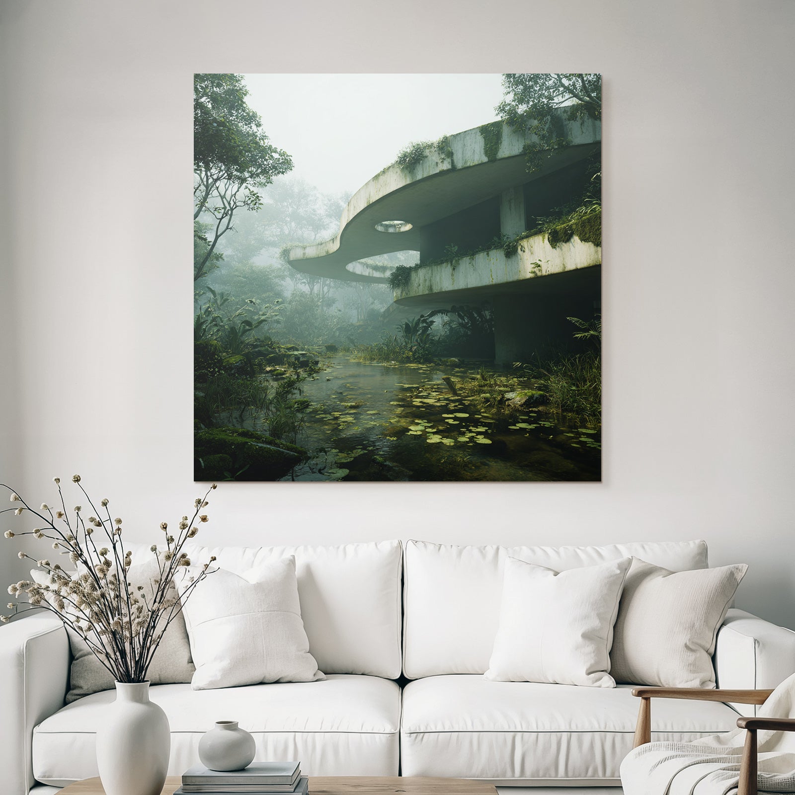 Abstrakte Architektonische Struktur Umschlossen Von Vegetation Und Nebel | Lost Places | Architektur