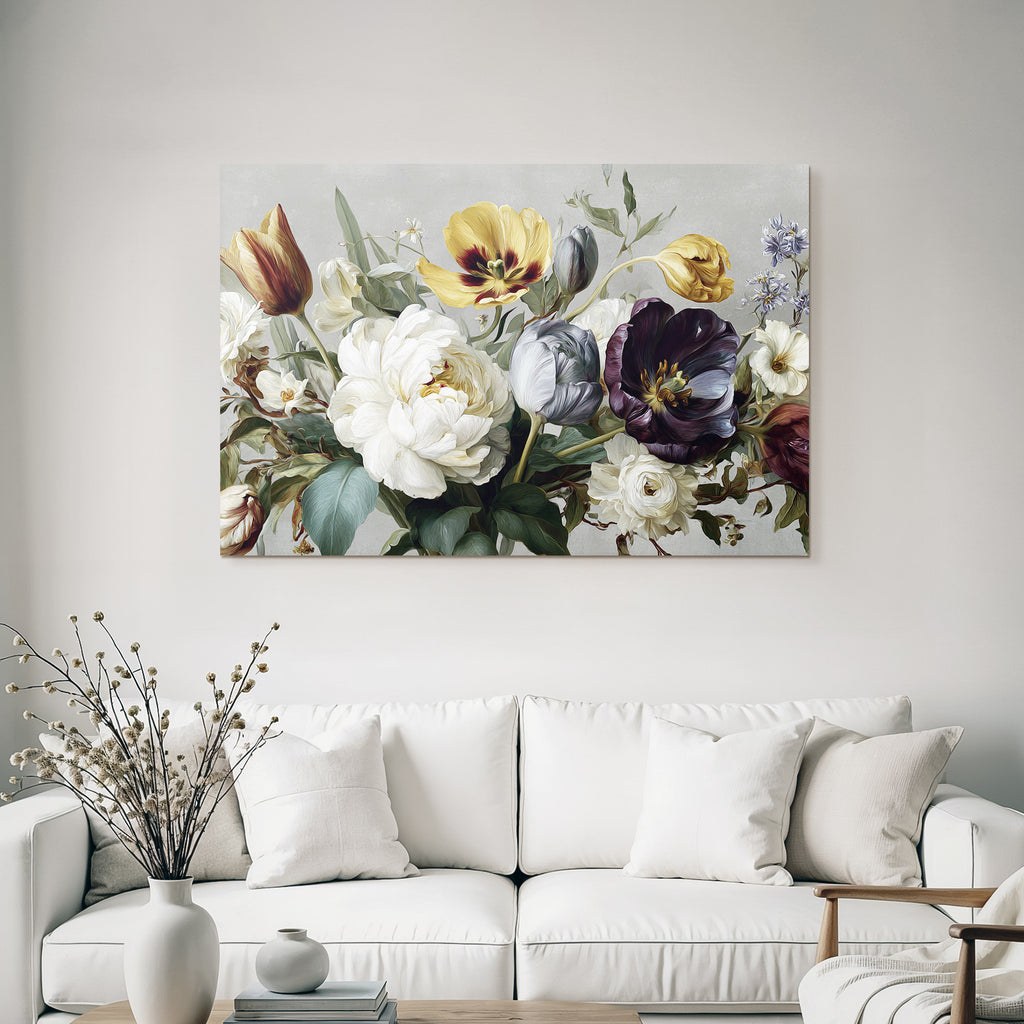 Schöne Komposition Mit Tulpen Und Pfingstrosen Vor Strukturiertem Hintergrund