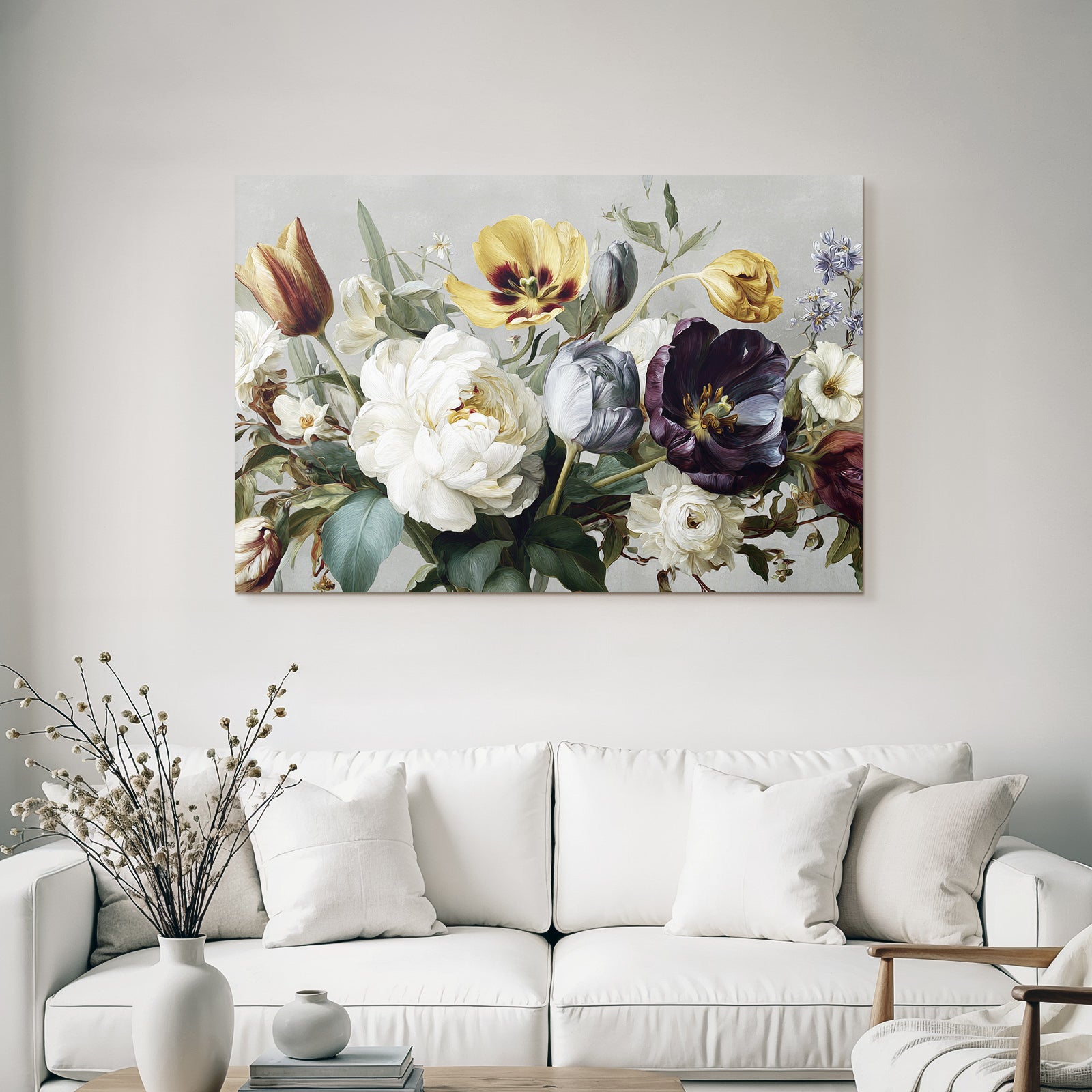 Schöne Komposition Mit Tulpen Und Pfingstrosen Vor Strukturiertem Hintergrund