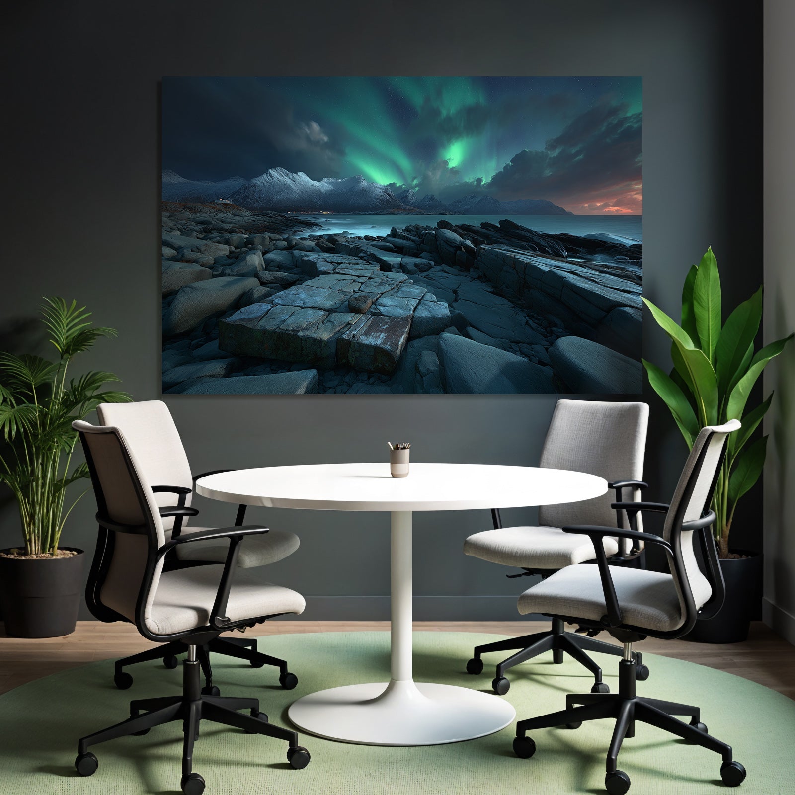 Polarlicht Rockige Küste Mit Aurora Borealis Und Schneebedeckten Bergen | Fjorde und Gletscher | Landschaften