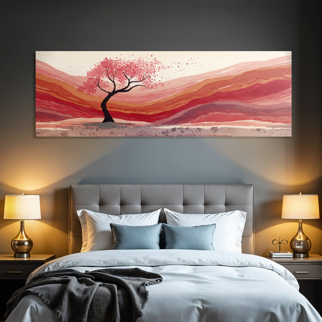 Wasserfarbenlandschaft Mit Kirschblütenbaum Und Rollenden Hügeln