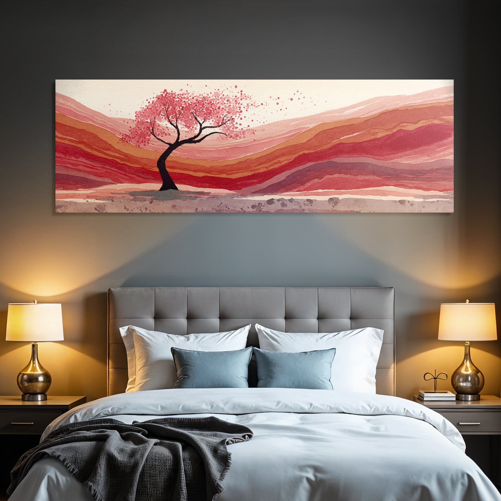 Wasserfarbenlandschaft Mit Kirschblütenbaum Und Rollenden Hügeln