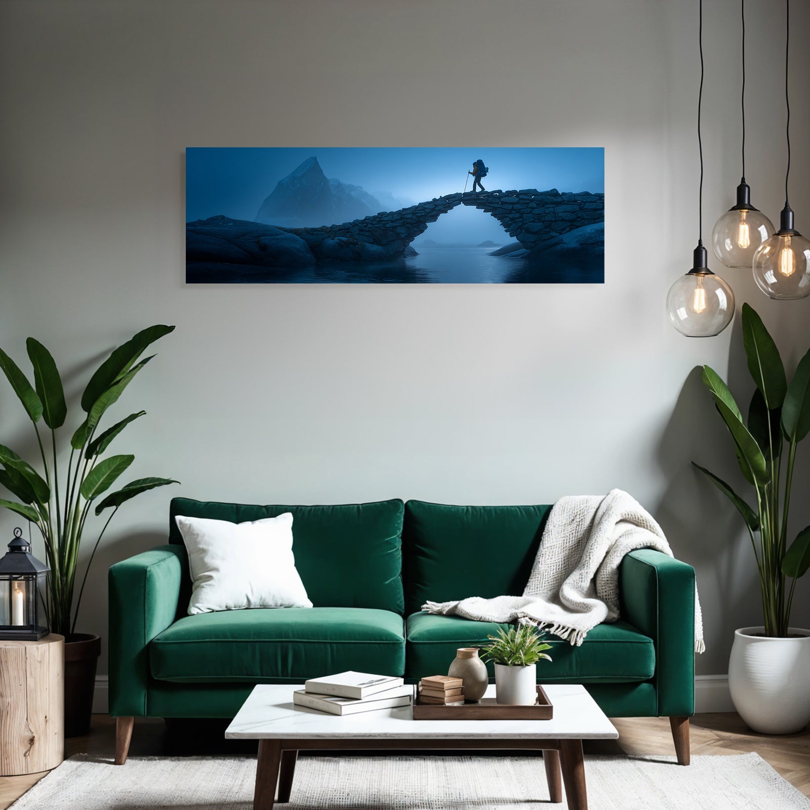 Polarlicht Mistige Landlandschaft Mit Steinbogenbrücke Und Wässer Hiker Im Nebel | Fjorde und Gletscher | Landschaften