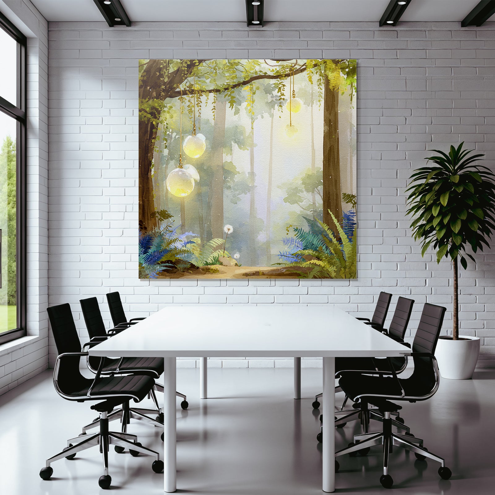 Verzauberter Wald Mit Farnen Laternen Und Morgenlicht