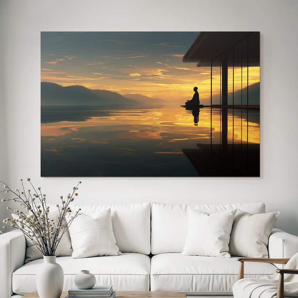 Yoga Meditation Meditierende Person Am Wasser Bei Sonnenuntergang Mit Bergen Und Architektur | Yoga und Meditation | Themen und Hobbys