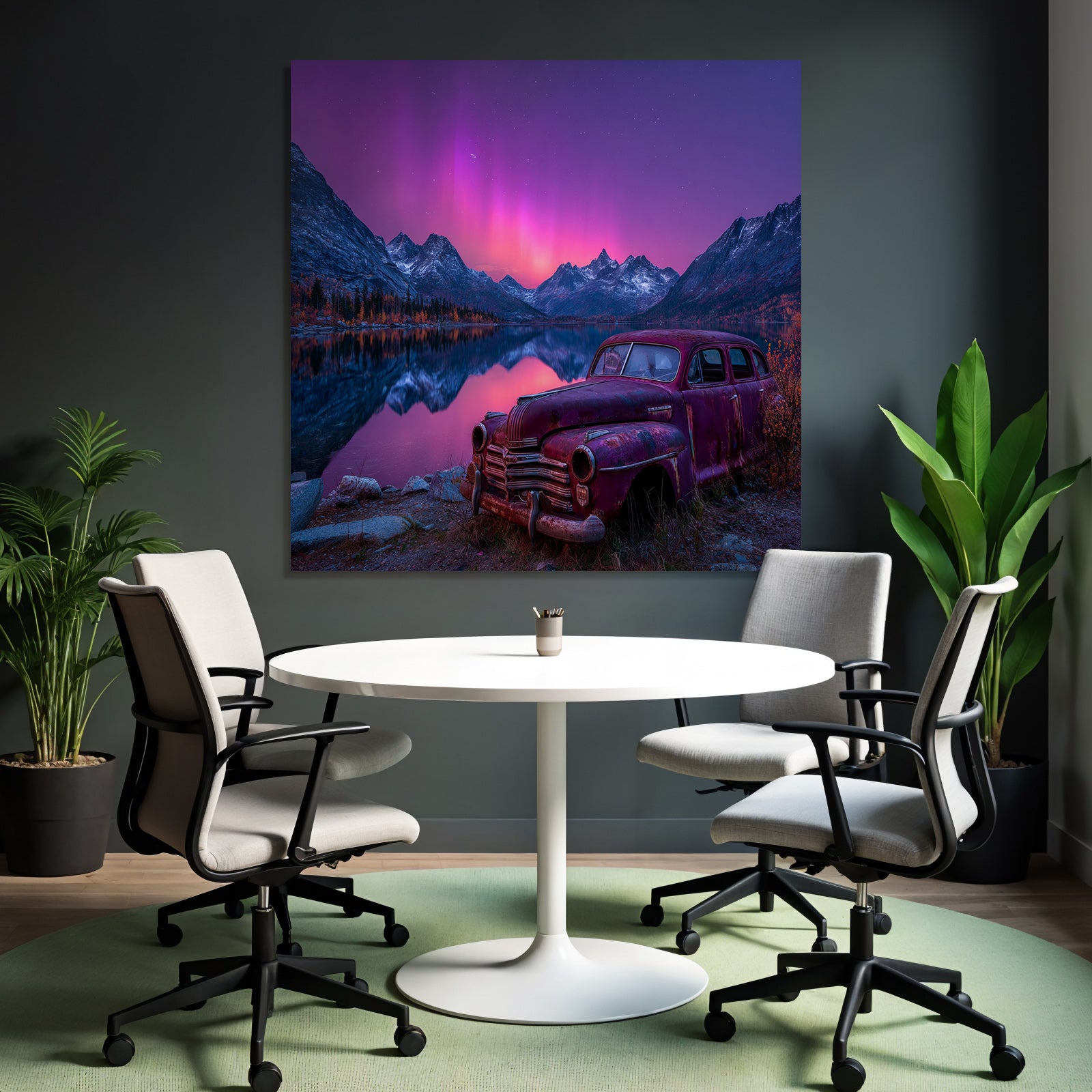 Polarlicht Schöne Natur Landschaft Mit See Und Bergen Und Altem Auto | Fjorde und Gletscher | Landschaften